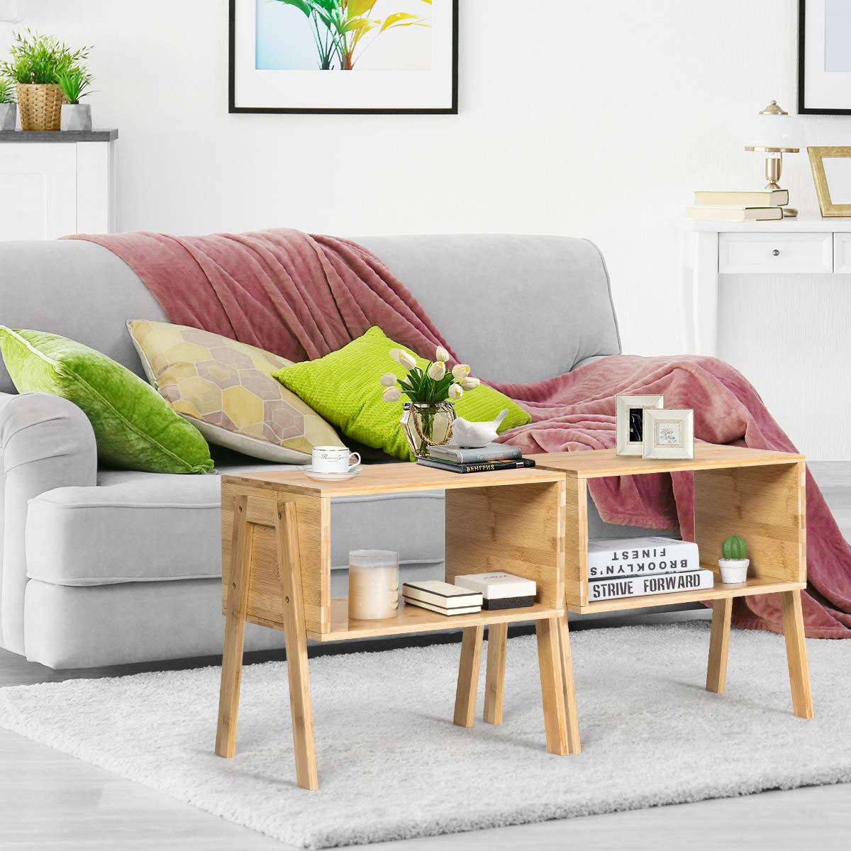 GORELAX Set of 2 Bamboo Nightstands with Open Storage Shelf - Stackable Narrow Rectangular Rustic Wood End Tables for Small Spaces - Perfect for Bedroom, Living Room, Apartment & Dorm Organization