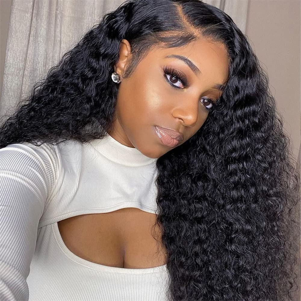 13x4 Deep Wave Lace Front Wig Human Hair - Pre Plucked Glueless Wigs for Black Women with Baby Hair | 20 Inch Curly Lace Front Wigs Natural Color | Perfect for Daily Wear, Parties & Special Occasions
