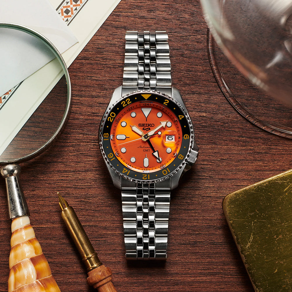 SSK005 Seiko 5 Sports GMT Automatic Watch 42.5mm Orange Dial Stainless Steel Bracelet - Perfect for Travel, Diving & Everyday Wear