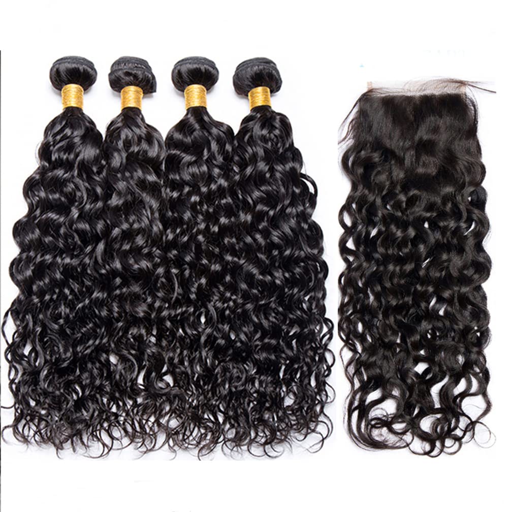 Borchan 4 Bundles Water Wave Human Hair Extensions with 4x4 Lace Closure - 14 16 18 20+12 Inch Wet & Wavy Curly Bundles (Pre-Plucked Baby Hair, Natural Black) for Women's Styling, Party & Daily Wear