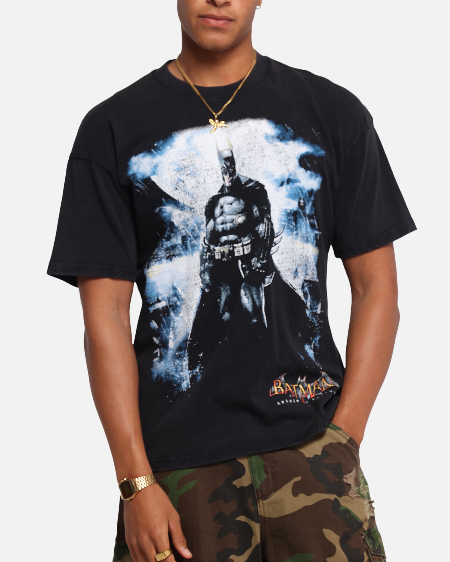 73 Studio X DC Batman Arkham Asylum Vintage Graphic T-Shirt - Black Acid Wash Style for Comic Fans & Gotham Lovers - Perfect for Cosplay, Comic Con & Batman Themed Parties