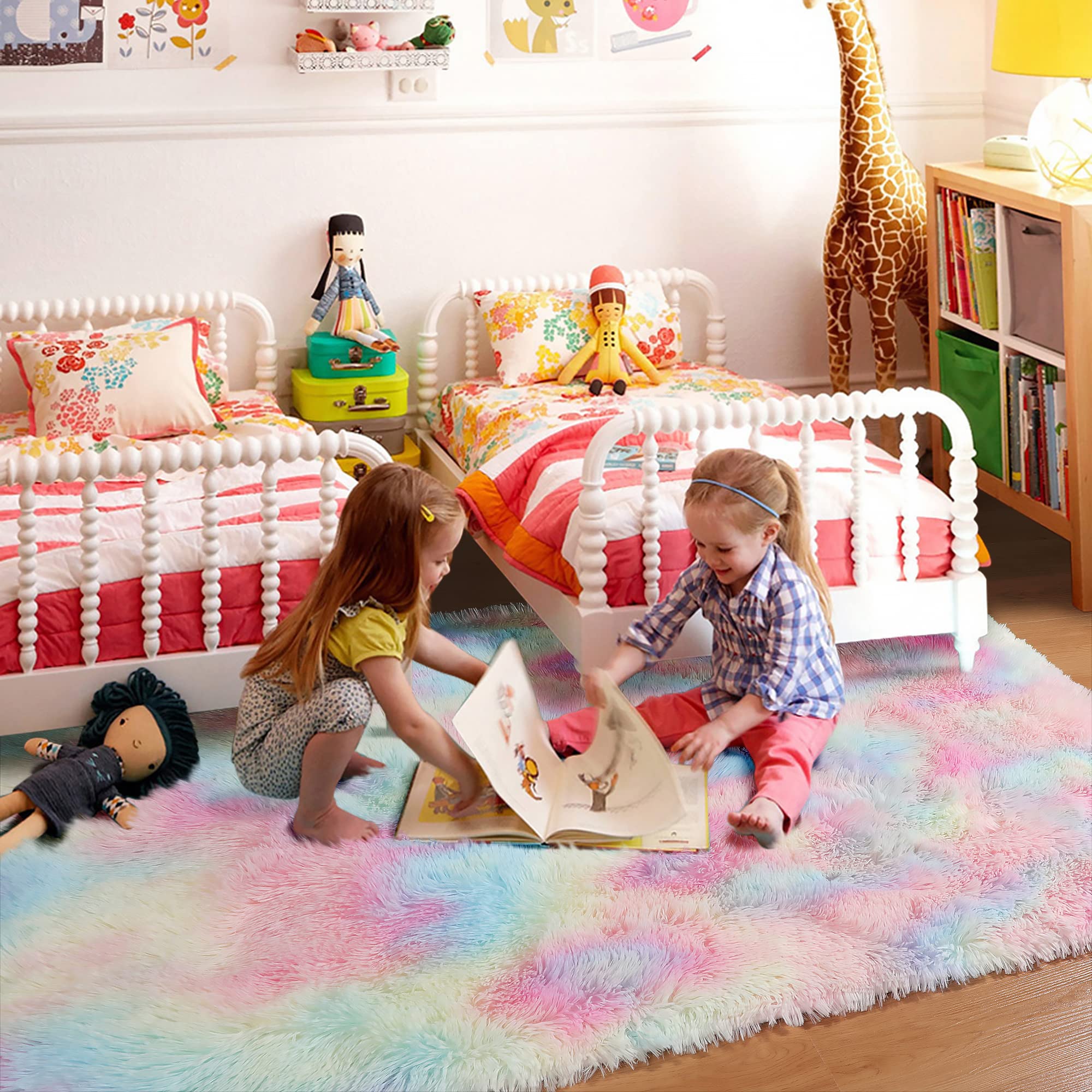 **BSTLUV 8x10 Fluffy Rainbow Rugs for Girls Bedroom - Shaggy Plush Carpet, Super Soft Large Area Rug for Living Room, Nursery, Playroom, Kids & Baby Room Decor - Perfect for Cozy Playtime & Stylish Home Decor**