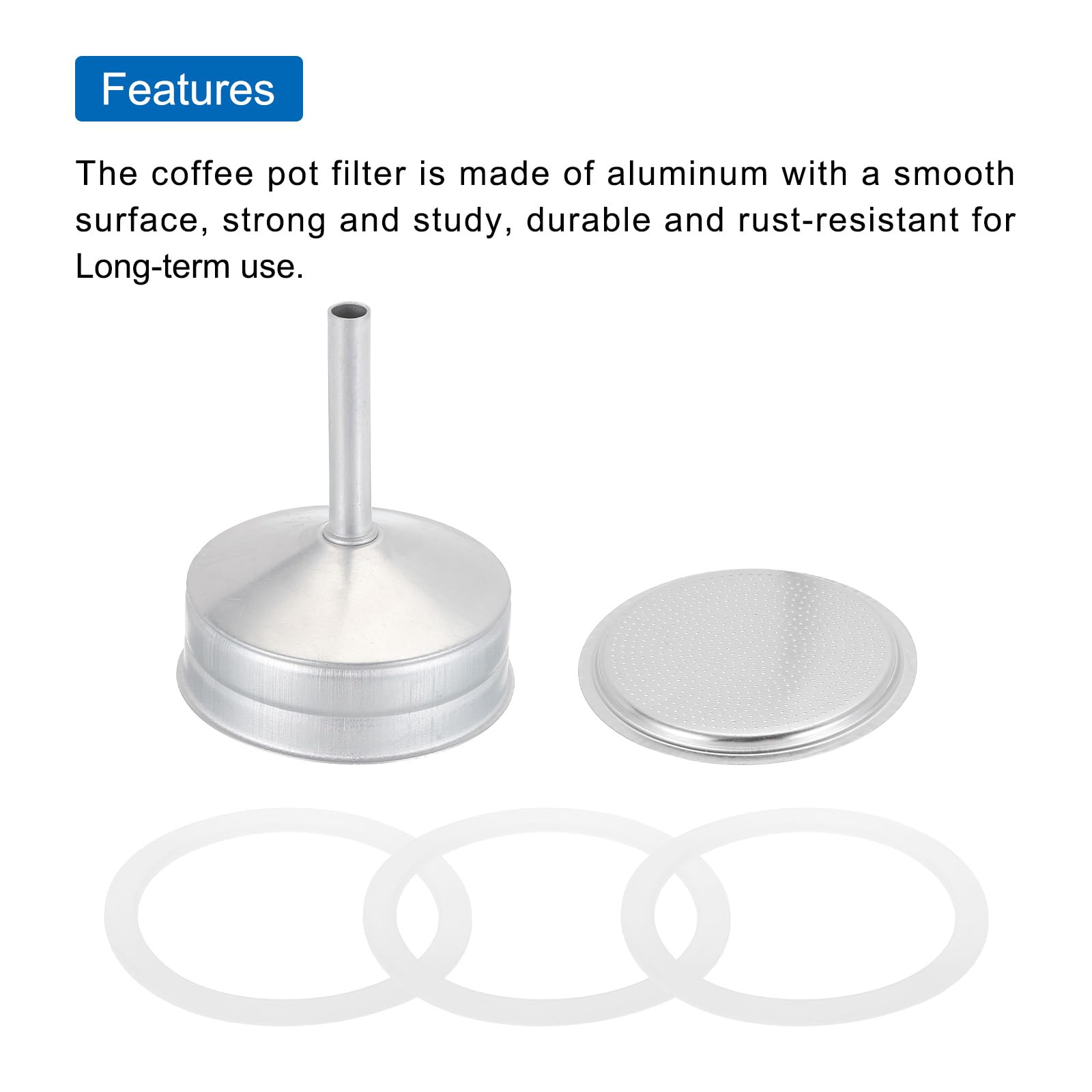 MECCANIXITY Stovetop Espresso Maker Replacement Parts - Aluminum Coffee Pot with 1 Filter & 3 Silicone Gaskets, Funnel (81x71x4mm) for 12-Cup Mocha Pot - Silver | Compatible with Bialetti & Other Stovetop Coffee Makers | Perfect for Home Brewing & Camping Coffee
