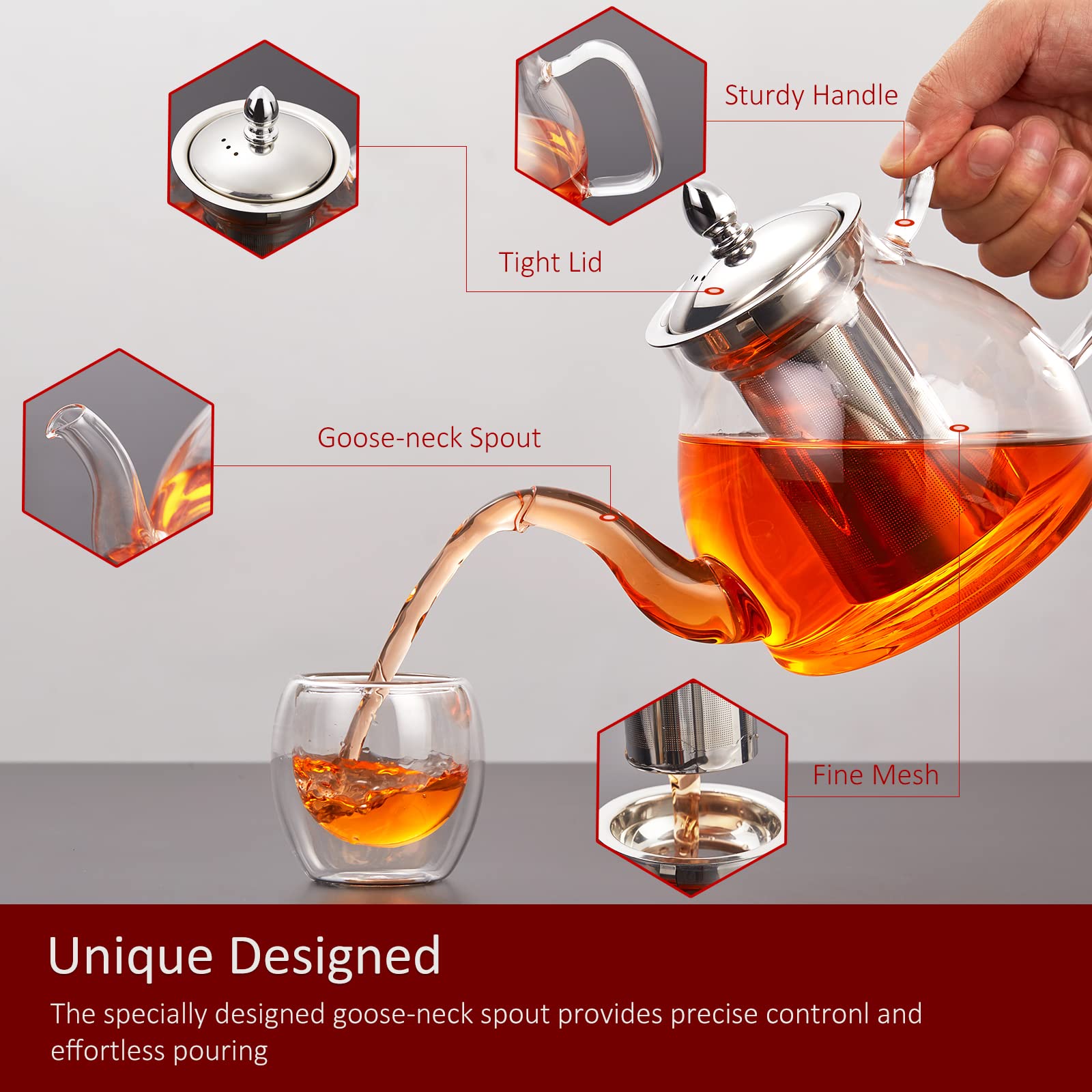 Premium 40oz Glass Teapot with Removable Stainless Steel Infuser - Perfect for Blooming Tea, Loose Leaf Tea & Herbal Brews - Stovetop & Microwave Safe Gooseneck Kettle - Elegant Gift Box Included - Ideal for Home, Office & Tea Ceremonies