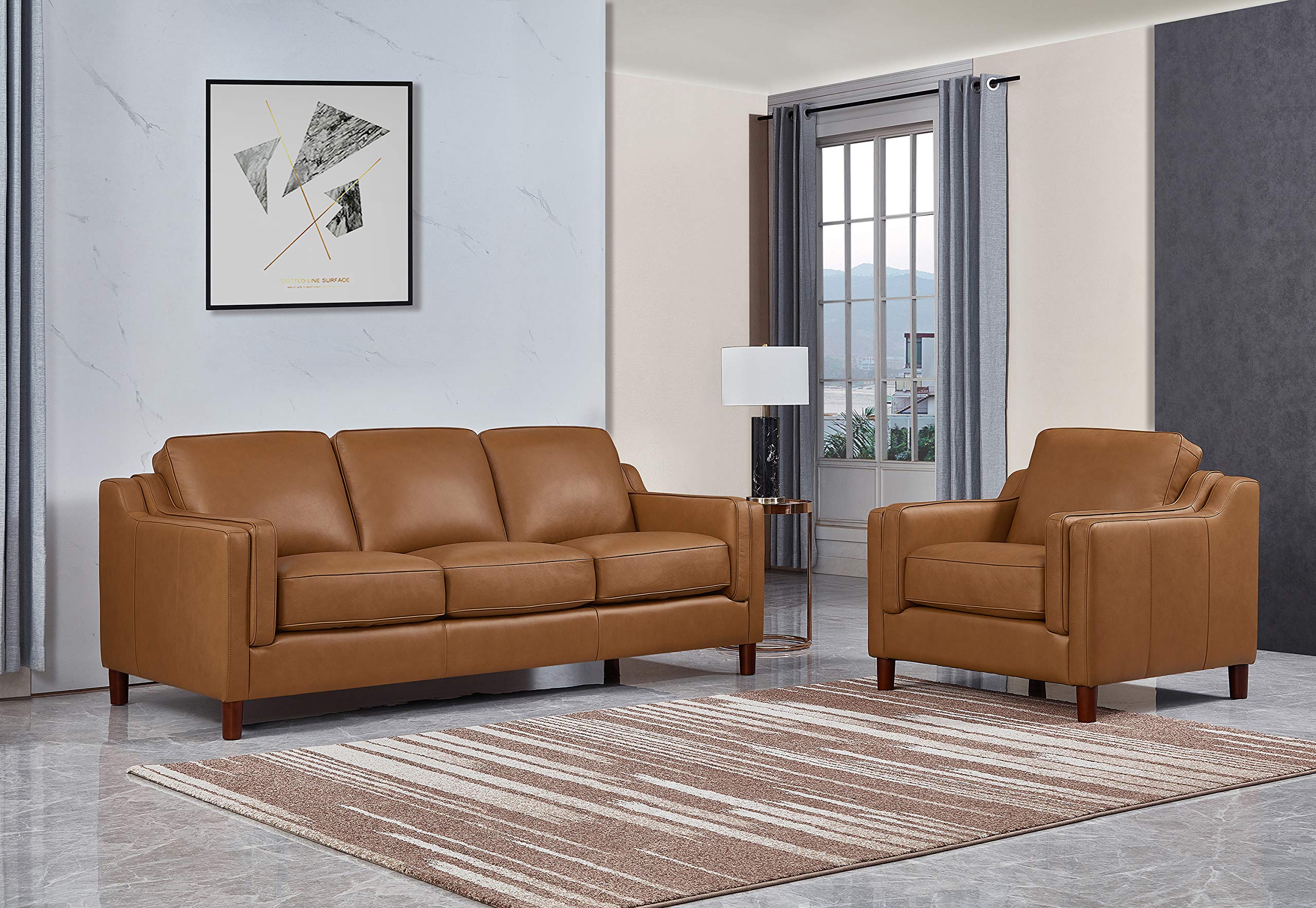 Hydeline Bella 100% Genuine Leather Sofa and Loveseat Set in Rich Cognac Brown - Perfect for Living Room, Lounge & Home Theater Seating
