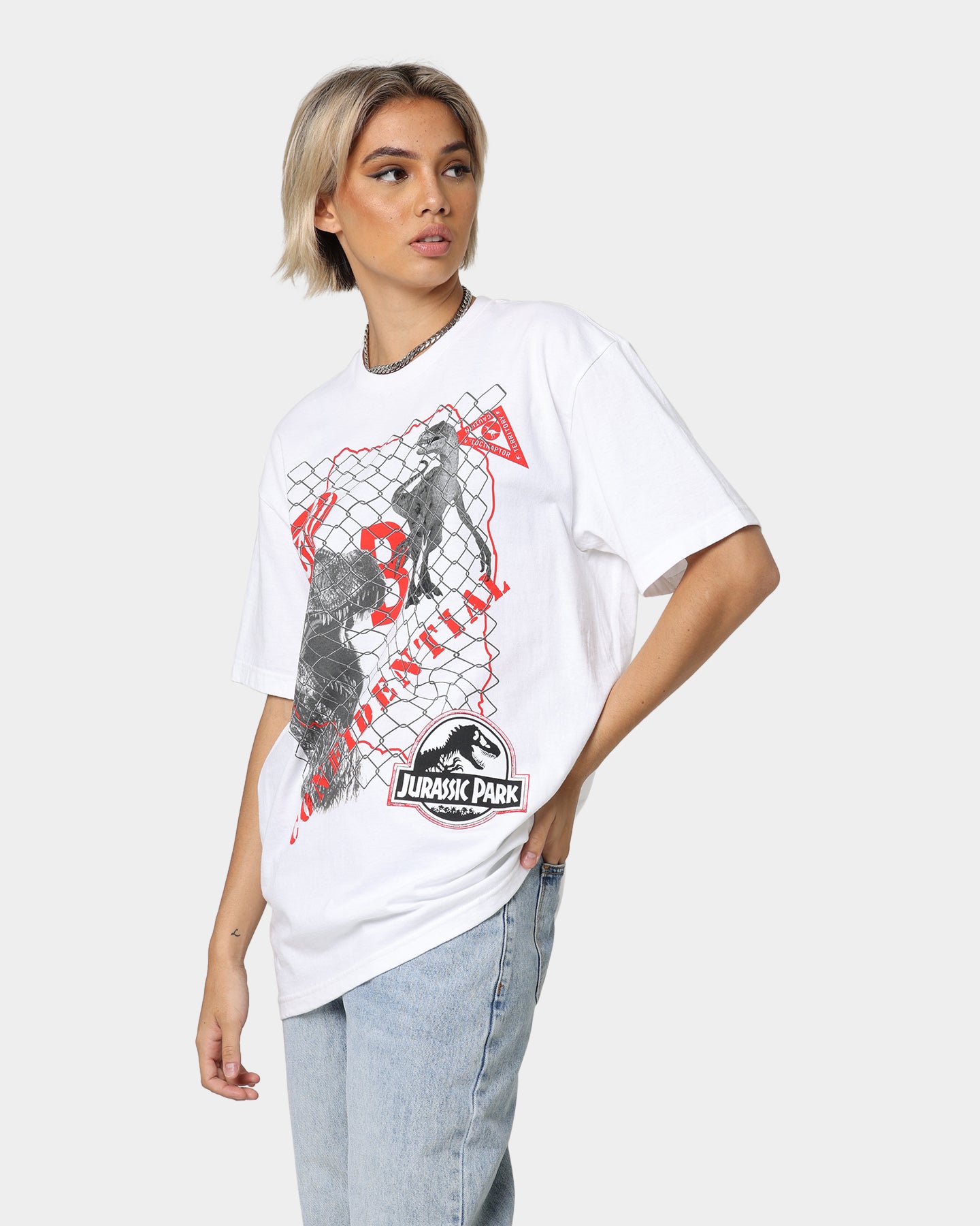American Thrift Jurassic Park T-Shirt - White Cotton Tee with Dinosaur Print | Perfect for Movie Fans, Cosplay & Casual Wear