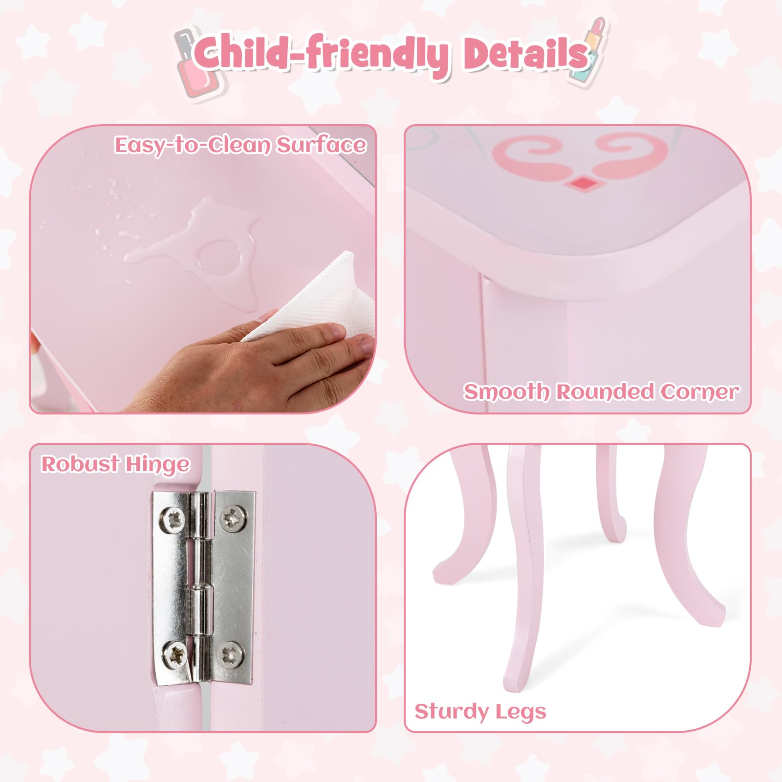 INFANS Kids Vanity Set - 2-in-1 Princess Makeup Table & Chair with Tri-Fold Mirror, 10 Accessories, Wooden Dressing Table for Girls - Perfect for Birthday Gifts, Pretend Play & Room Decor (Pink)