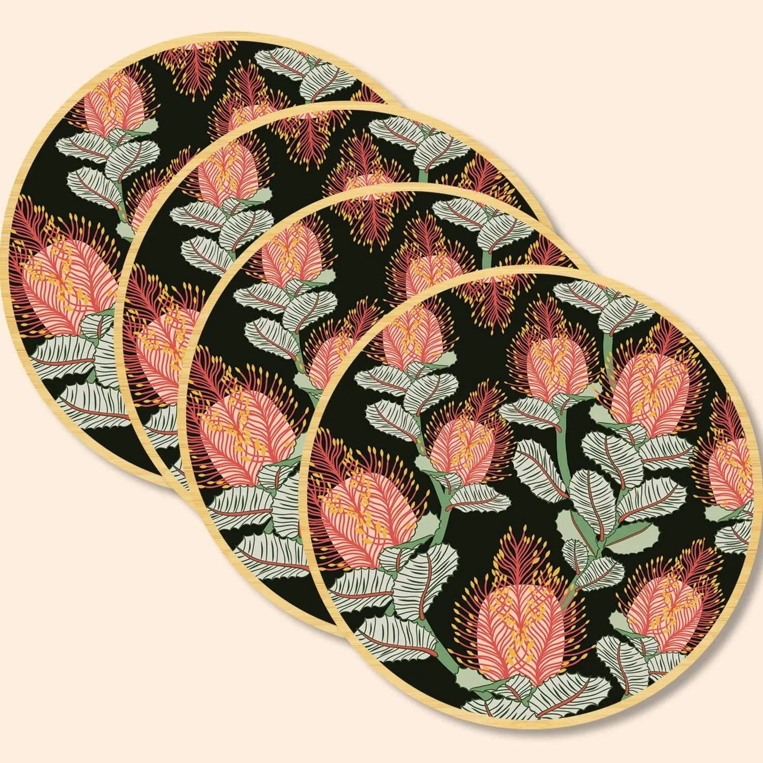 Premium Coral Banksias Australian Wooden Coaster Set - 4-Piece Natural Wood Drink Coasters for Hot & Cold Beverages - Perfect for Home, Office, and Outdoor Use