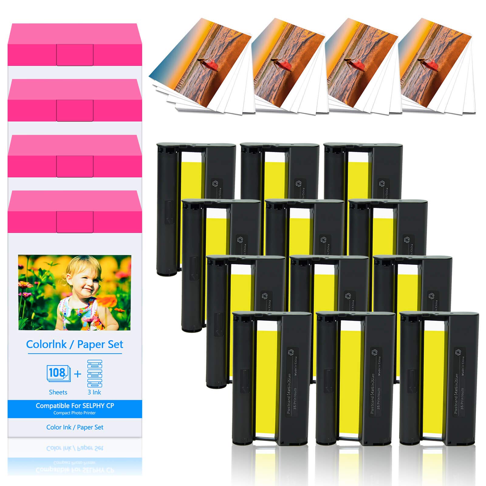 Compatible Canon KP-108IN KP108 12-Color Ink Cartridge & 432-Sheet Photo Paper Set (4