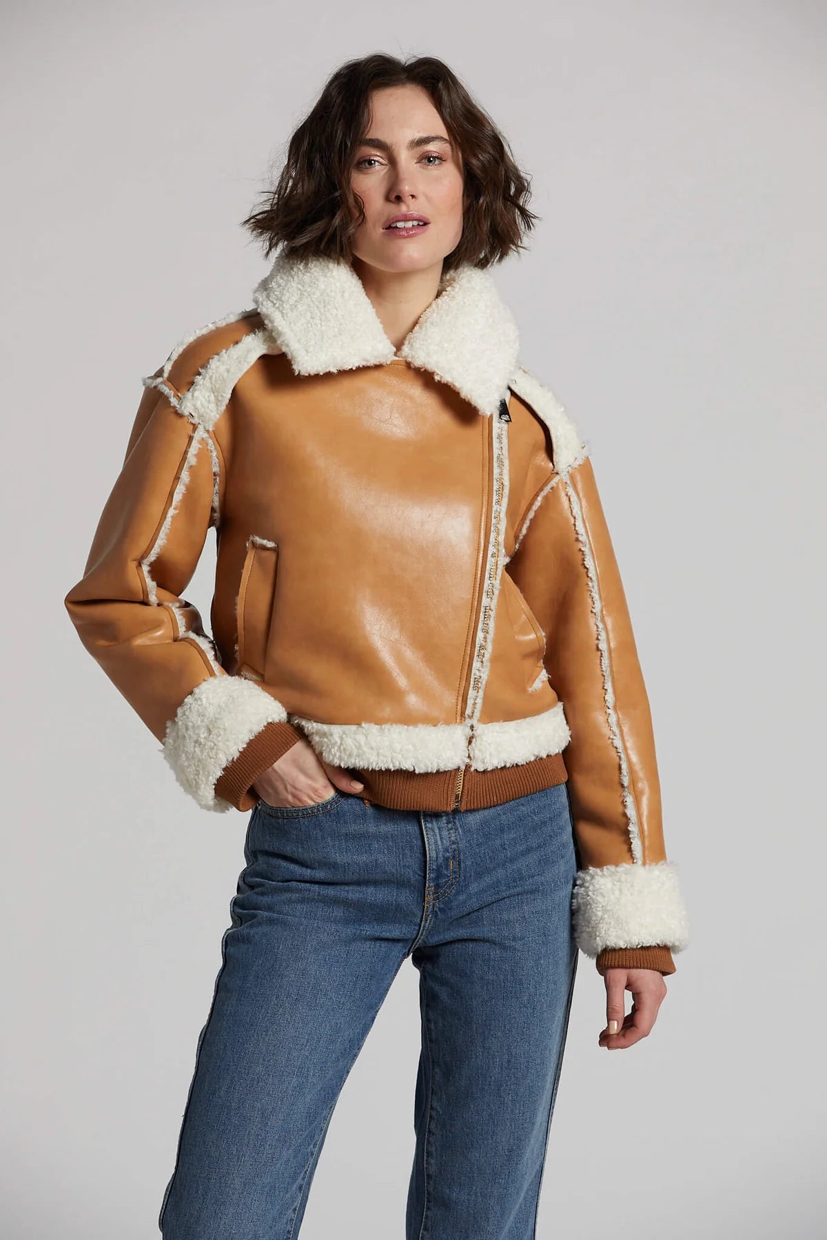 Stylish Clayton Faux Shearling Moto Jacket in Camel Color - Perfect for Winter Fashion & Motorcycle Riding