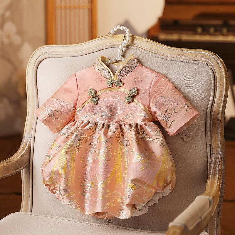 Elegant Baby Romper with Disc Button Stand Collar - Soft Cotton Jumpsuit for Newborns & Infants - Perfect for Photos, Parties & Everyday Wear