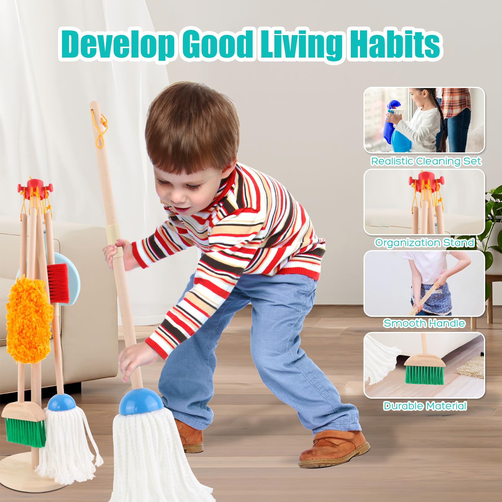 Wooden Kids Cleaning Toy Set - Pretend Play Broom, Dustpan & Mop for Toddlers 3+ Years Old - 9-Piece Learning Housekeeping Kit for Boys & Girls - Perfect Birthday Gift & Preschool Educational Activity - Ideal for Role Play, Montessori Learning & Early Childhood Development