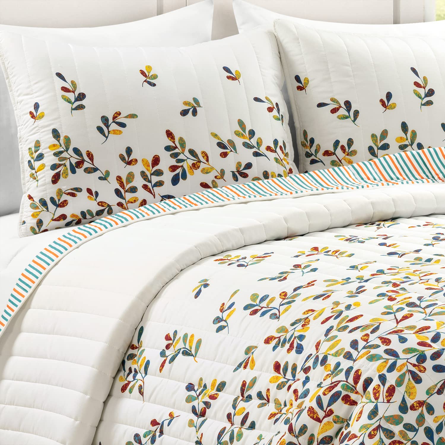 Boho Leaf Reversible Quilt Set King - Turquoise & Tangerine for Bedroom Decor