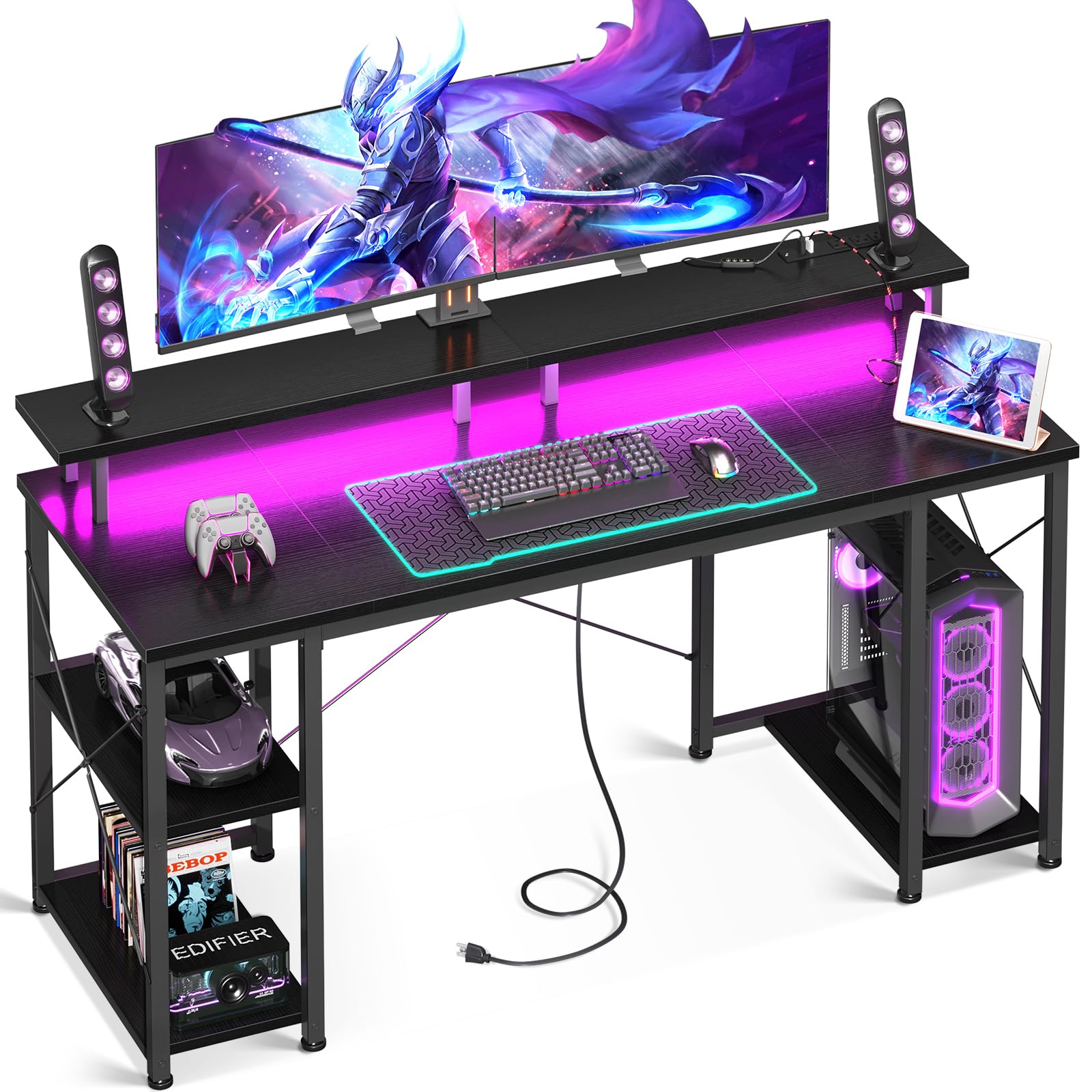 ODK 55 Inch LED Gaming Desk with Power Outlets & Monitor Stand - Ergonomic Computer Desk with Storage Shelves & CPU Stand - Perfect for Home Office, Streaming & Esports Setup - Black