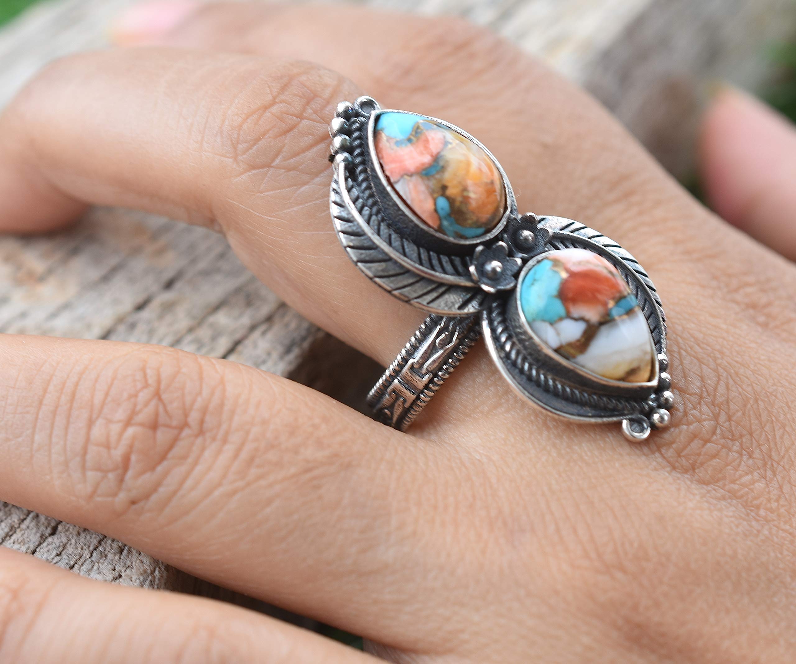 Vintage Handmade 925 Sterling Silver Oyster Copper Turquoise Ring - Boho Hippie Jewelry - Spiny Turquoise Birthstone Ring - Perfect Birthday Gift for Women - TQ-10 | Great for Festivals, Boho Fashion & Everyday Wear