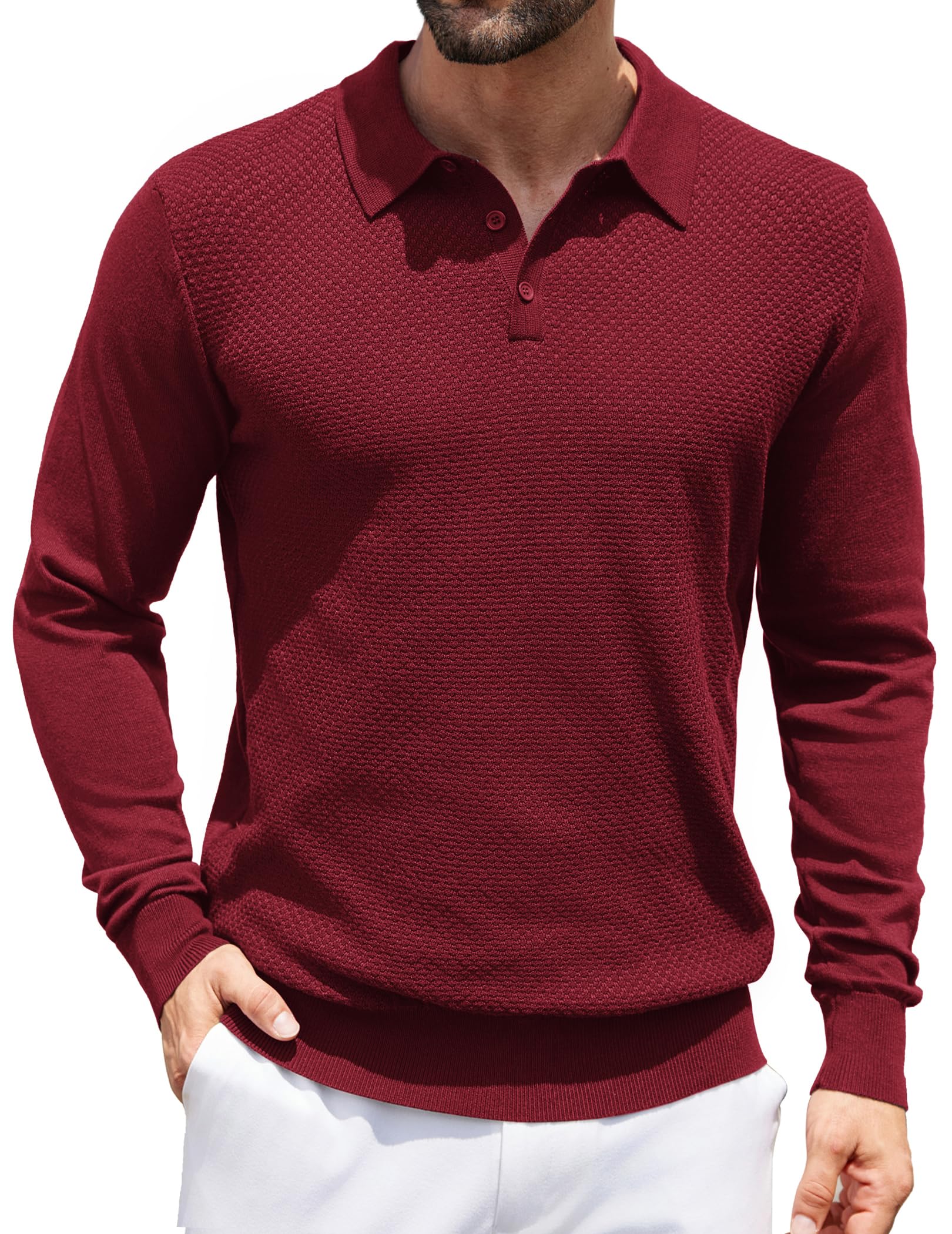COOFANDY Men's Knit Polo Sweater - Long Sleeve Casual Button Down Collar Shirt for Golf & Business | Waffle Textured Warm Pullover for Fall & Winter Outfits