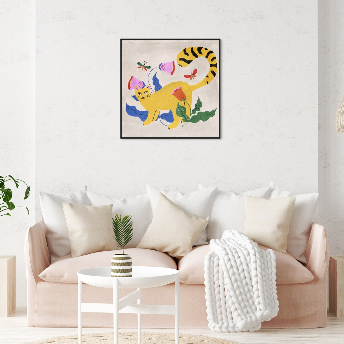 Blonde Tabby Floral Kitten Butterfly Garden Modern Yellow Framed Canvas Wall Art Print - Home Decor for Bedroom, Living Room & Nursery