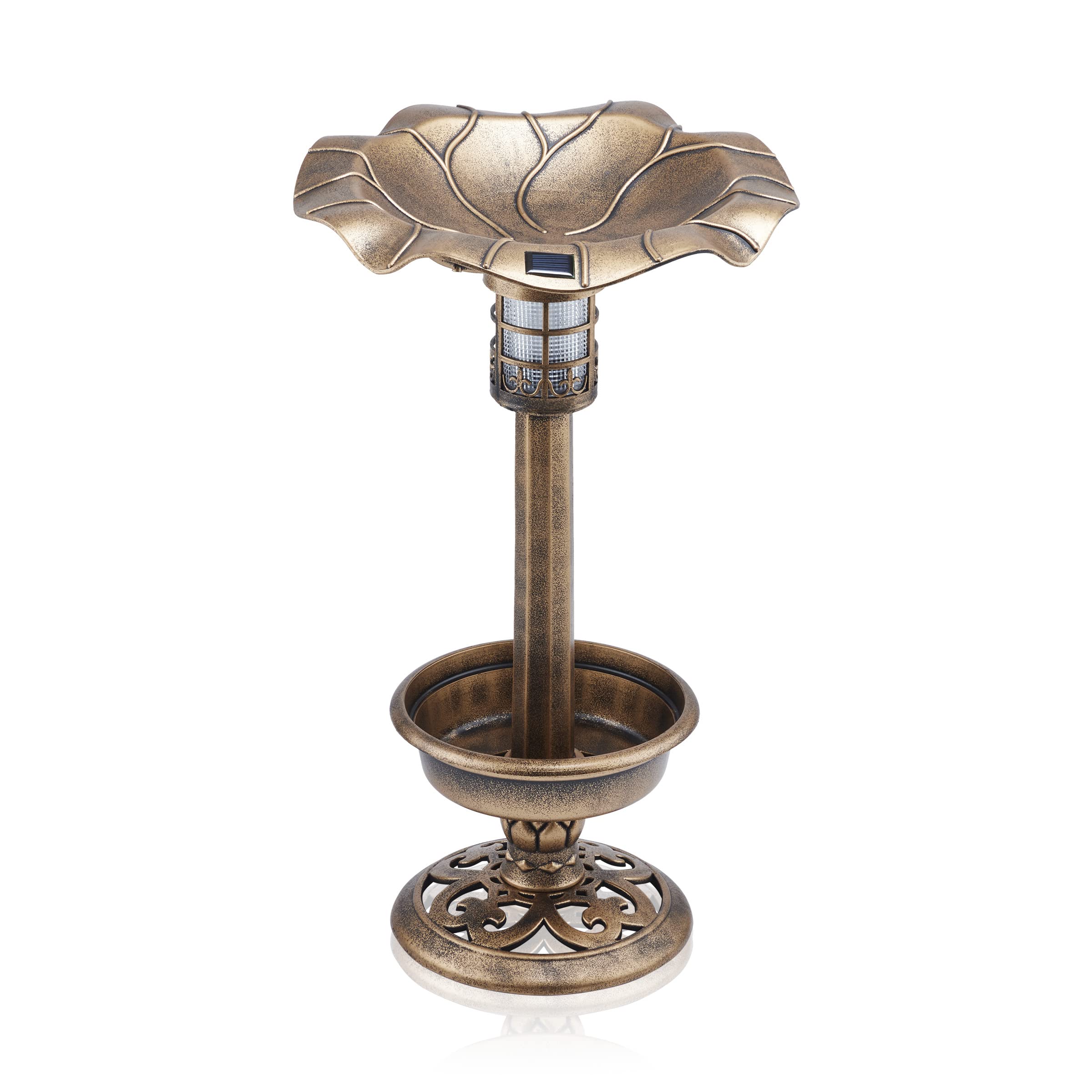 Alpine Corporation 29-Inch Outdoor Bronze Bird Bath with Solar LED Lights & Planter - Garden Decor for Patio, Yard & Backyard Bird Watching