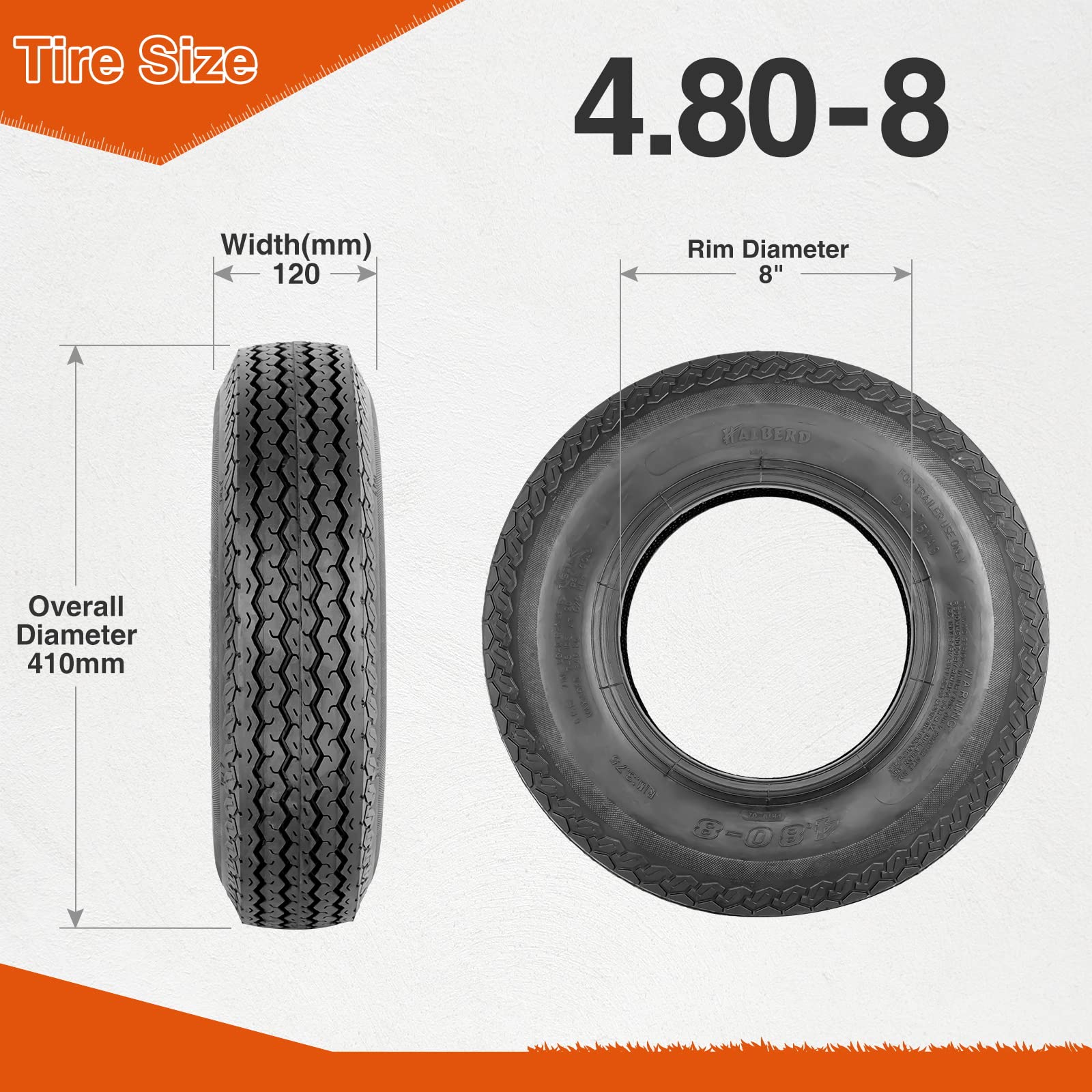HALBERD 4.80-8 Trailer Tires 4.80x8 6PR Load Range C - Tubeless Set of 2 for Highway, Boat Trailers & Log Splitters - Durable Towing & Hauling Solution