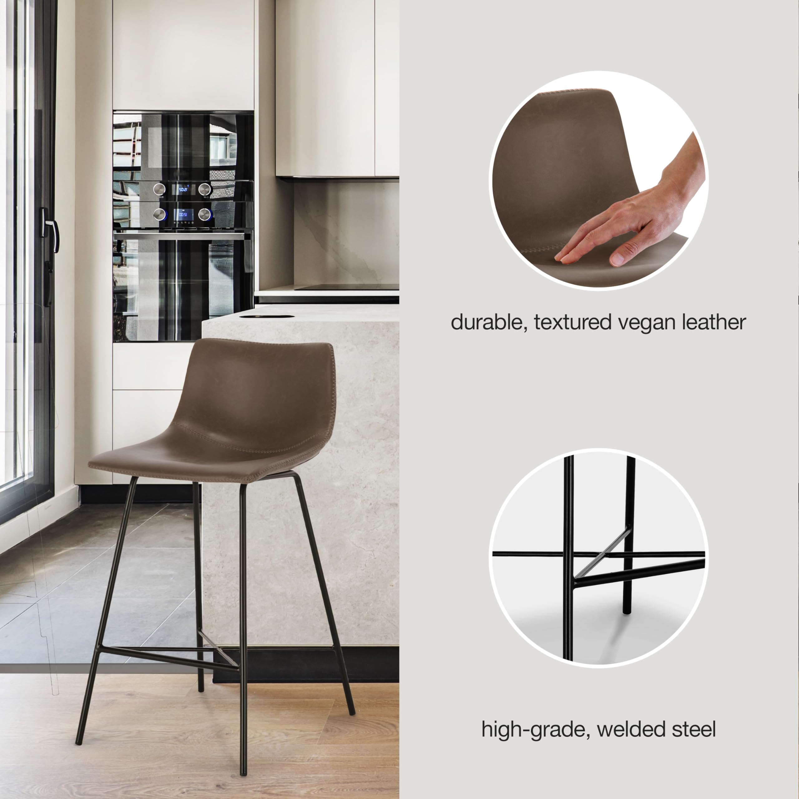 Poly and Bark 24-Inch Counter Height Bar Stools Set of 3 - Modern Kitchen Island Stools with Back Support - Comfortable Brown Bar Chairs for Kitchen, Dining & Breakfast Nook - Durable Countertop-High Stools for Home Decor - Perfect for Entertaining, Casual Dining & Small Spaces