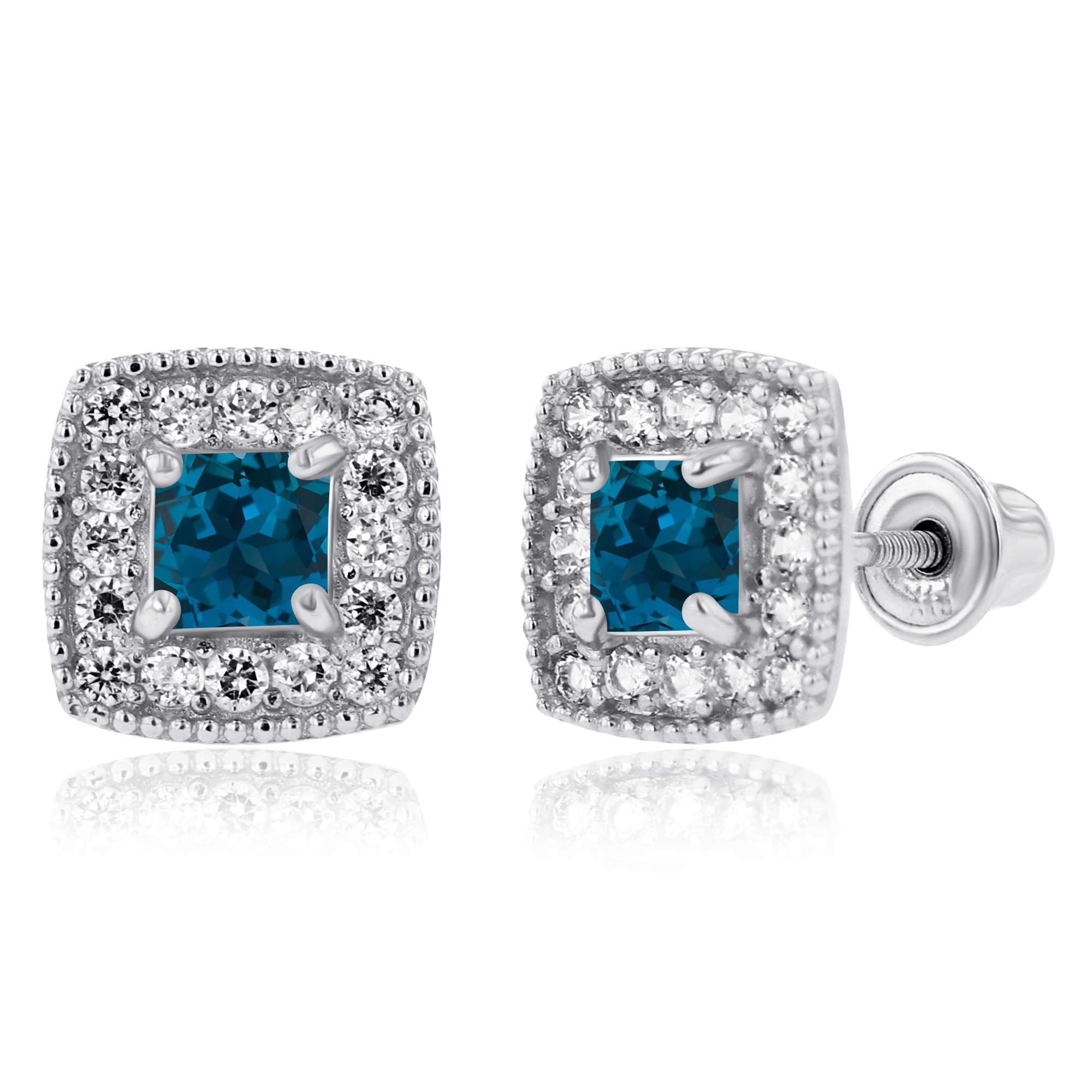 14K Gold Cushion Natural Birthstone Stud Earrings for Women | 3mm Square Cut Screwback Earrings | White Sapphire Halo Earrings | Perfect for Birthdays, Anniversaries & Everyday Elegance