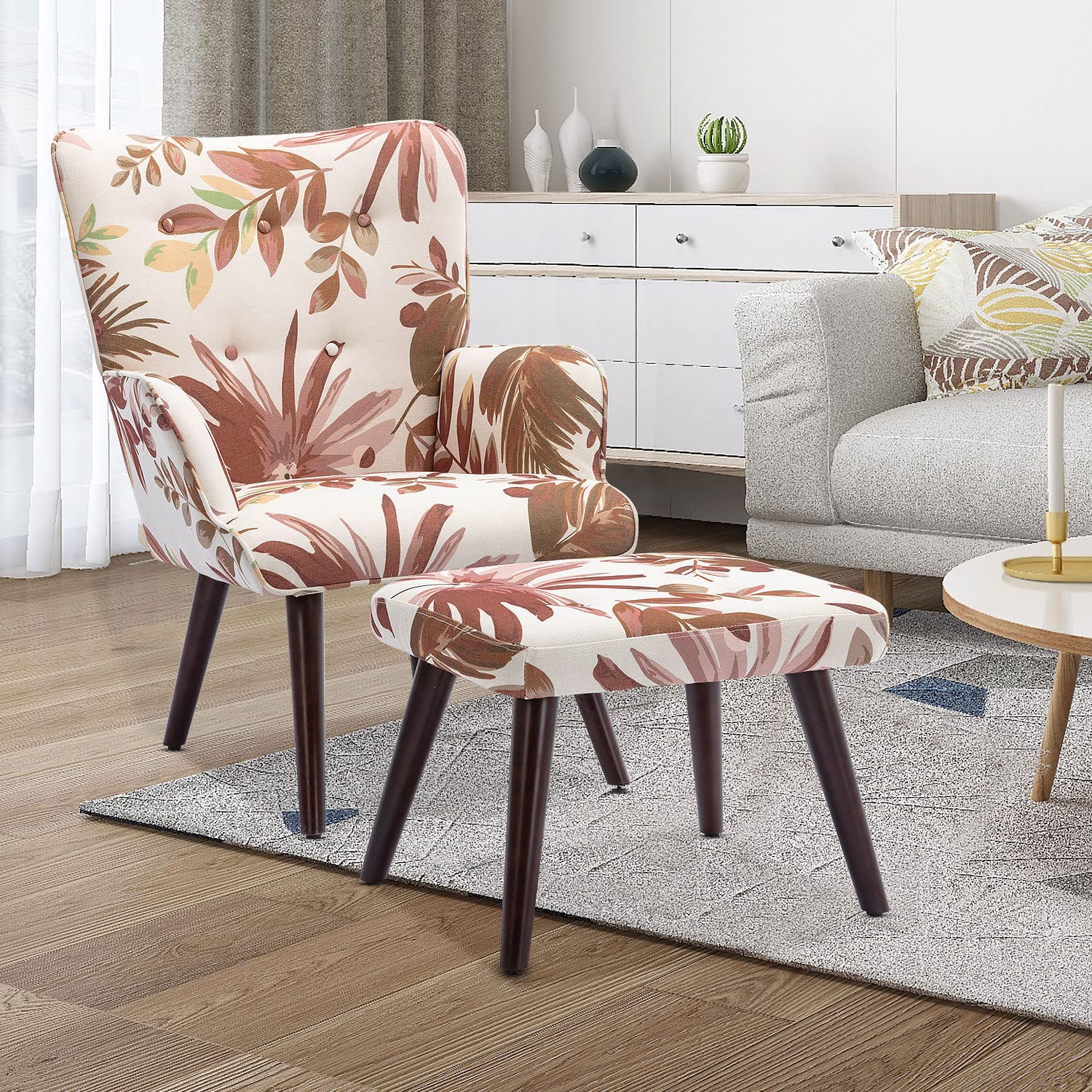 HomVent Velvet Accent Chair with Ottoman Set - Solid Wood Legs Upholstered Armchair for Living Room & Bedroom - Comfy Reading Lounge Chair in Brown - Perfect for Relaxing, Reading or Decorating Your Home