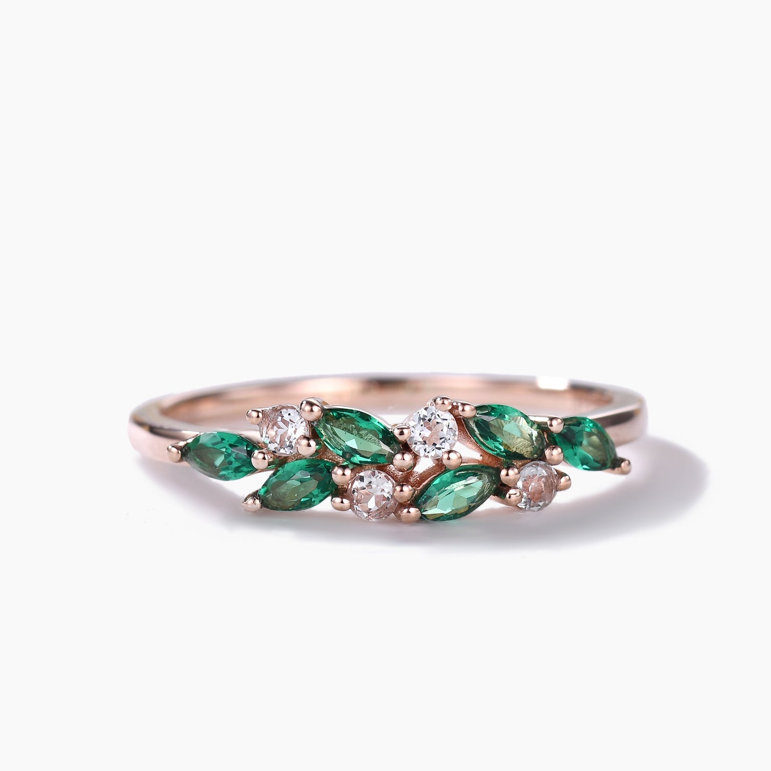 Exquisite 14k Rose Gold Emerald & Aquamarine Cluster Wedding Band – Elegant Mother’s Ring for Anniversary, Gift & Special Occasions