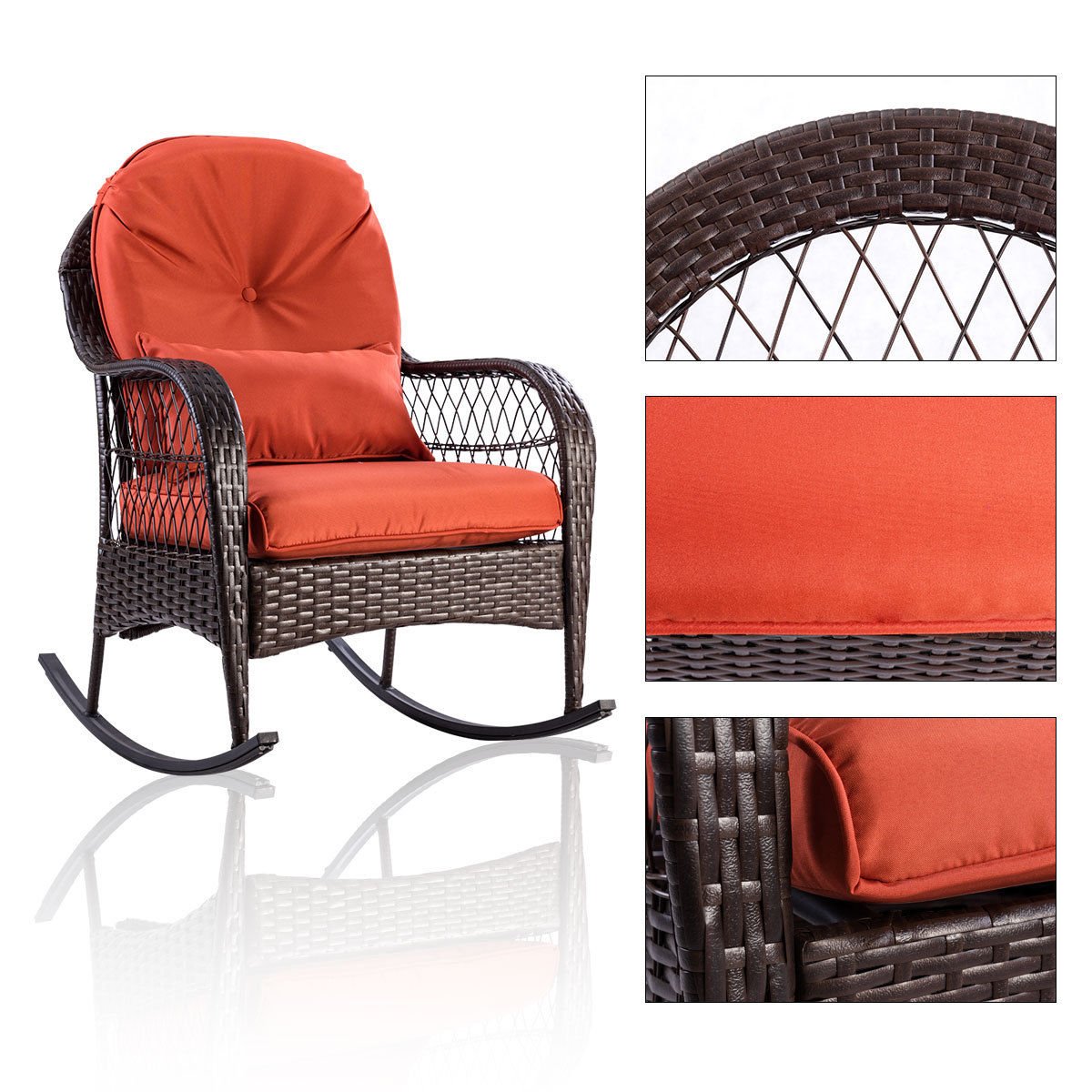 AlphaBaby Patio Rattan Wicker Rocking Chair with Cushion - Outdoor Porch, Deck & Garden Rocker Furniture for Relaxing & Lounging