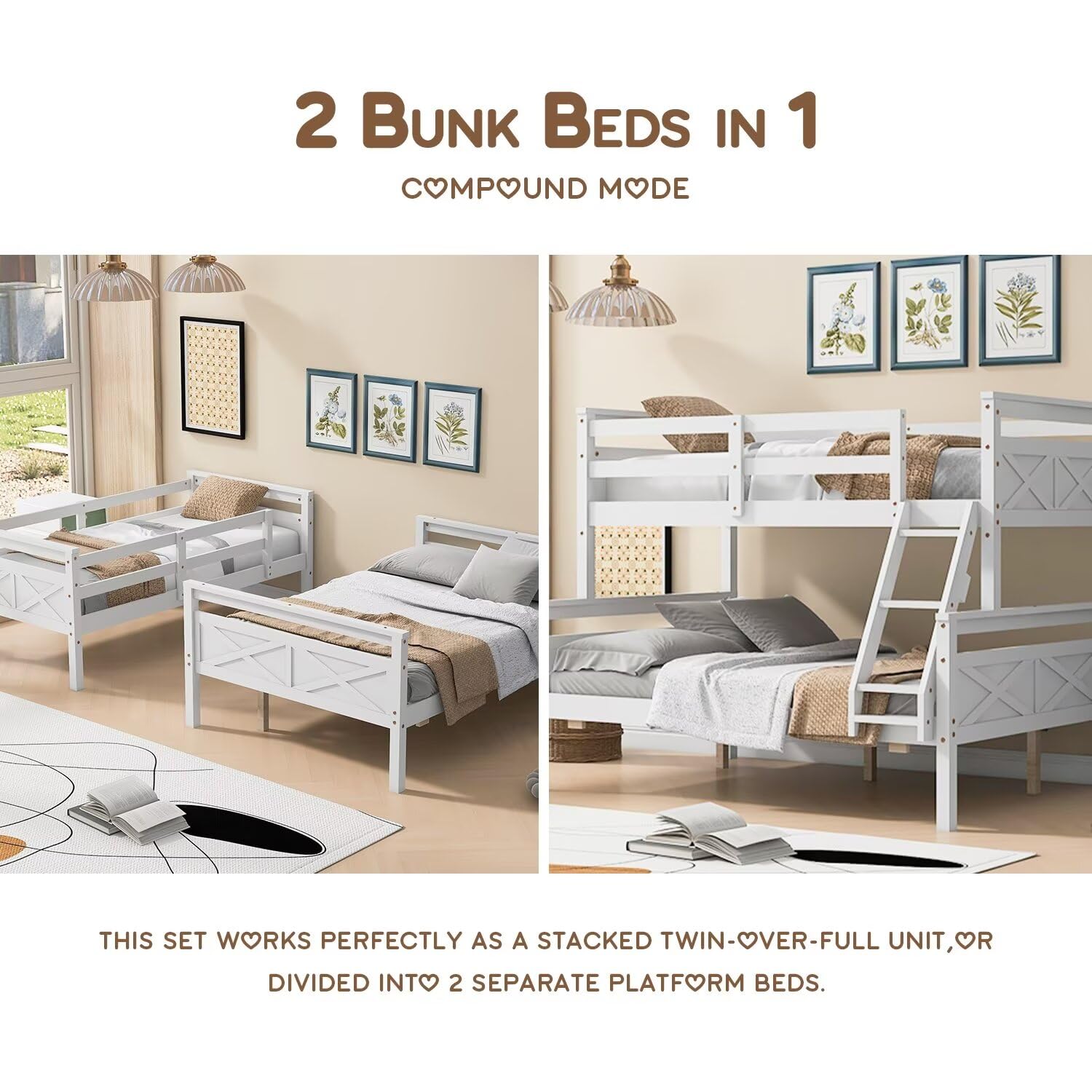 Solid Wood Twin Over Full Bunk Bed Frame with Ladder & Guardrail - Convertible to Separate Twin/Full Size Beds - No Box Spring Needed - Perfect for Kids Rooms, Guest Rooms & Space-Saving Bedroom Solutions (White)