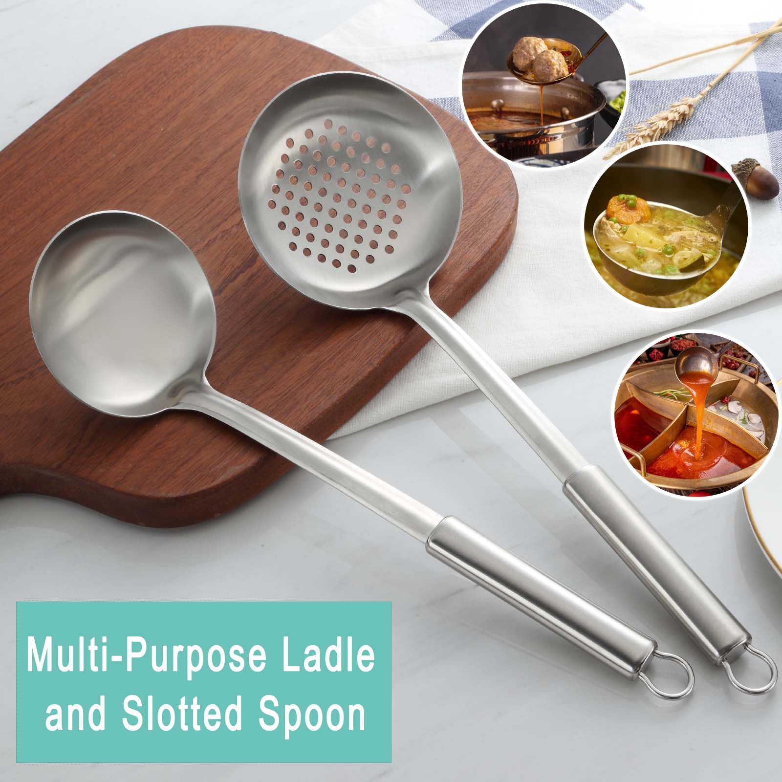 Premium 2-Piece Stainless Steel Ladle and Slotted Spoon Set - Soup Ladle & Strainer Skimmer - Durable Kitchen Utensils for Cooking, Serving - Perfect for Home Chefs & Restaurants - Dishwasher Safe - Ideal for Soups, Stews, Pasta & Deep Frying