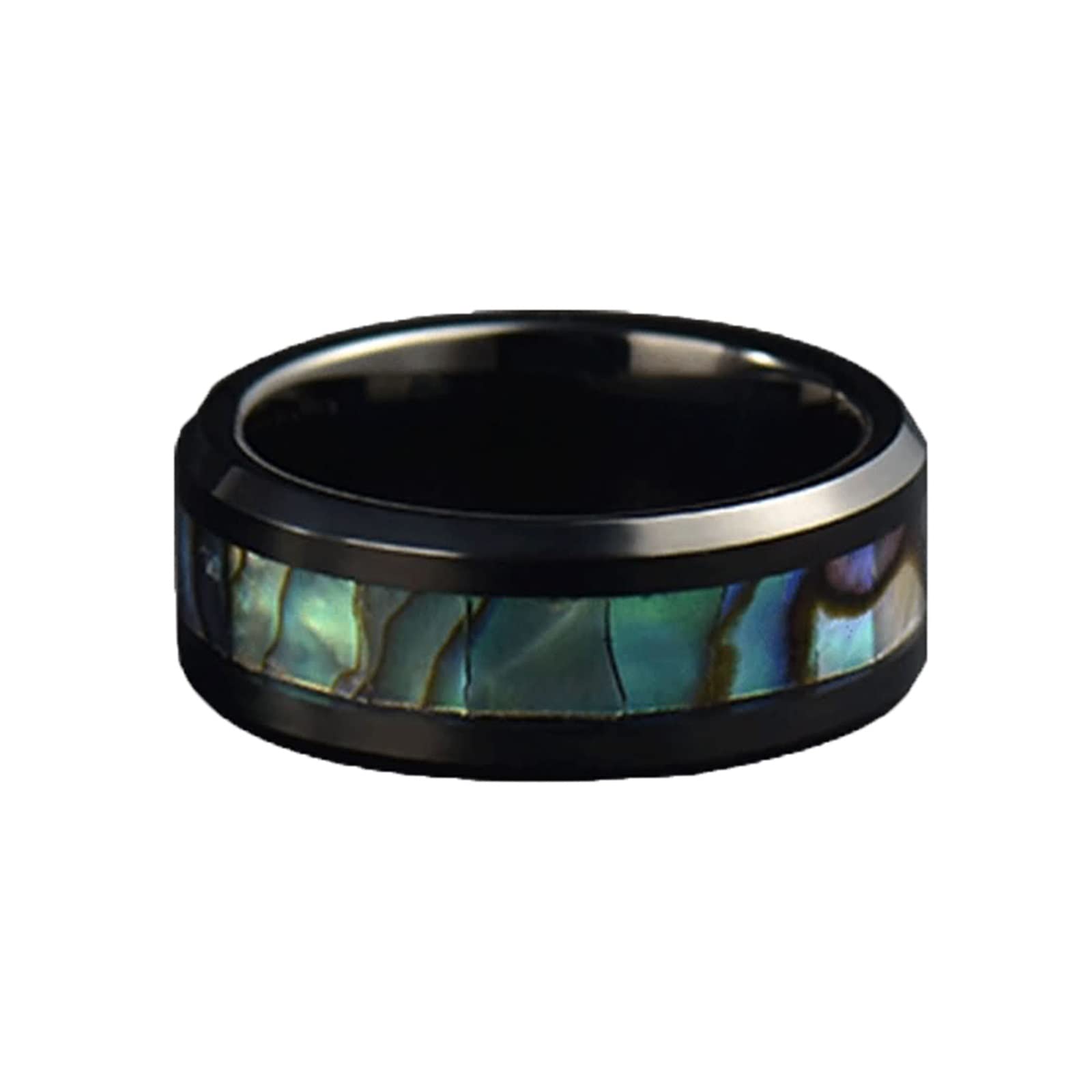 Custom Stainless Steel 8MM Abalone Shell Engagement Ring for Men - Black Wedding Band Size 6-14 - Perfect for Proposals, Anniversaries & Unique Gifts