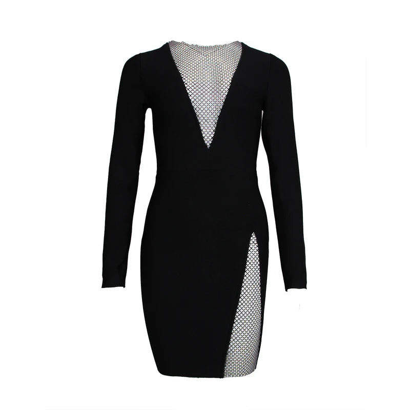 Elegant Black Beaded Long Sleeve Sheath Dress - Winter Hollow Out Mini Dress for Club, Party & Celebrity Runway | Perfect for Night Out, Cocktail Events & Special Occasions