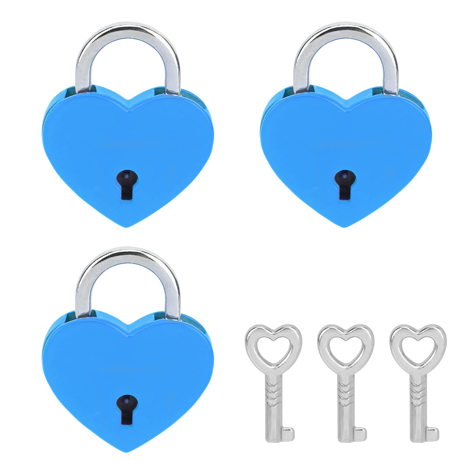 VeYocilk 3 PCS Mini Blue Heart Shaped Lock - Small Cute Padlocks with 2 Keys for Jewelry Box, Diary, Handbag, Makeup Bag - Perfect for Teens Room, Gift Giving & Travel Security