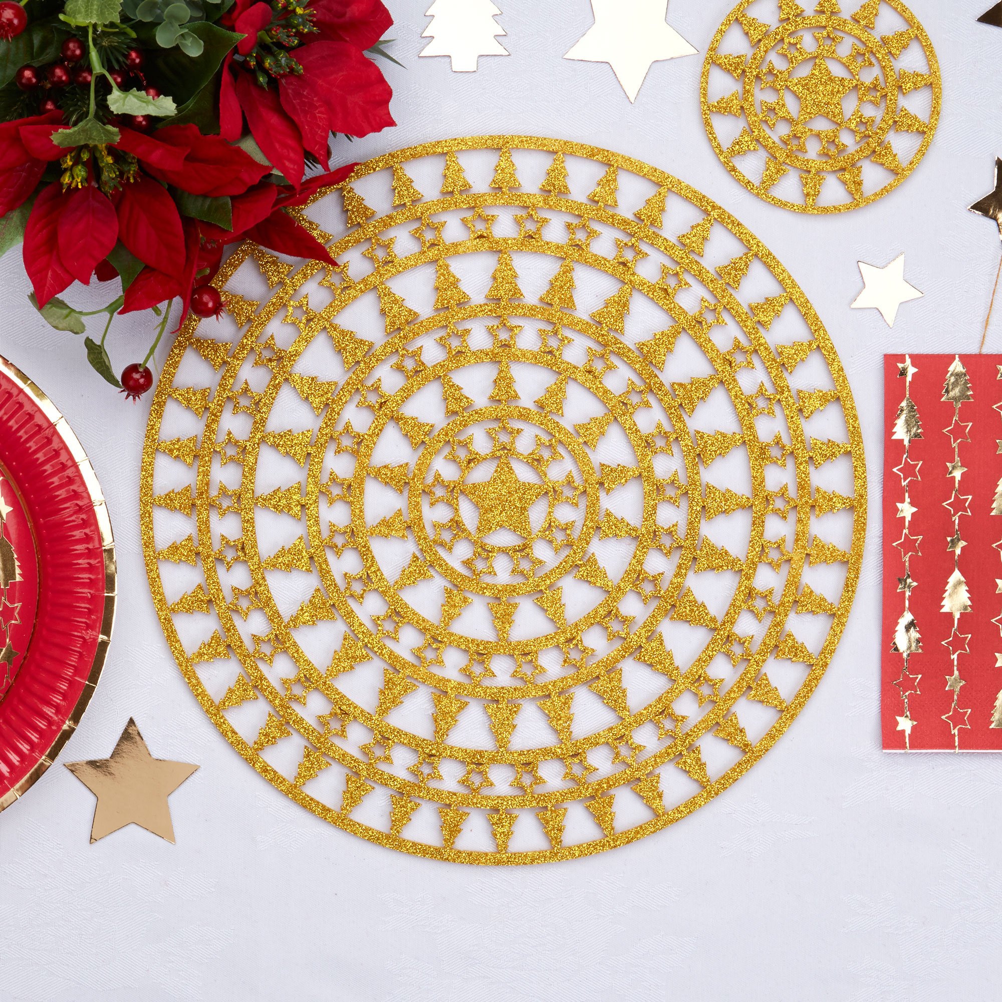 Neviti Gold Glitter Christmas Tree Felt Placemats Set of 4 - Holiday Dining Decor for Christmas Party, Dinner Table Setting, Festive Home Decor