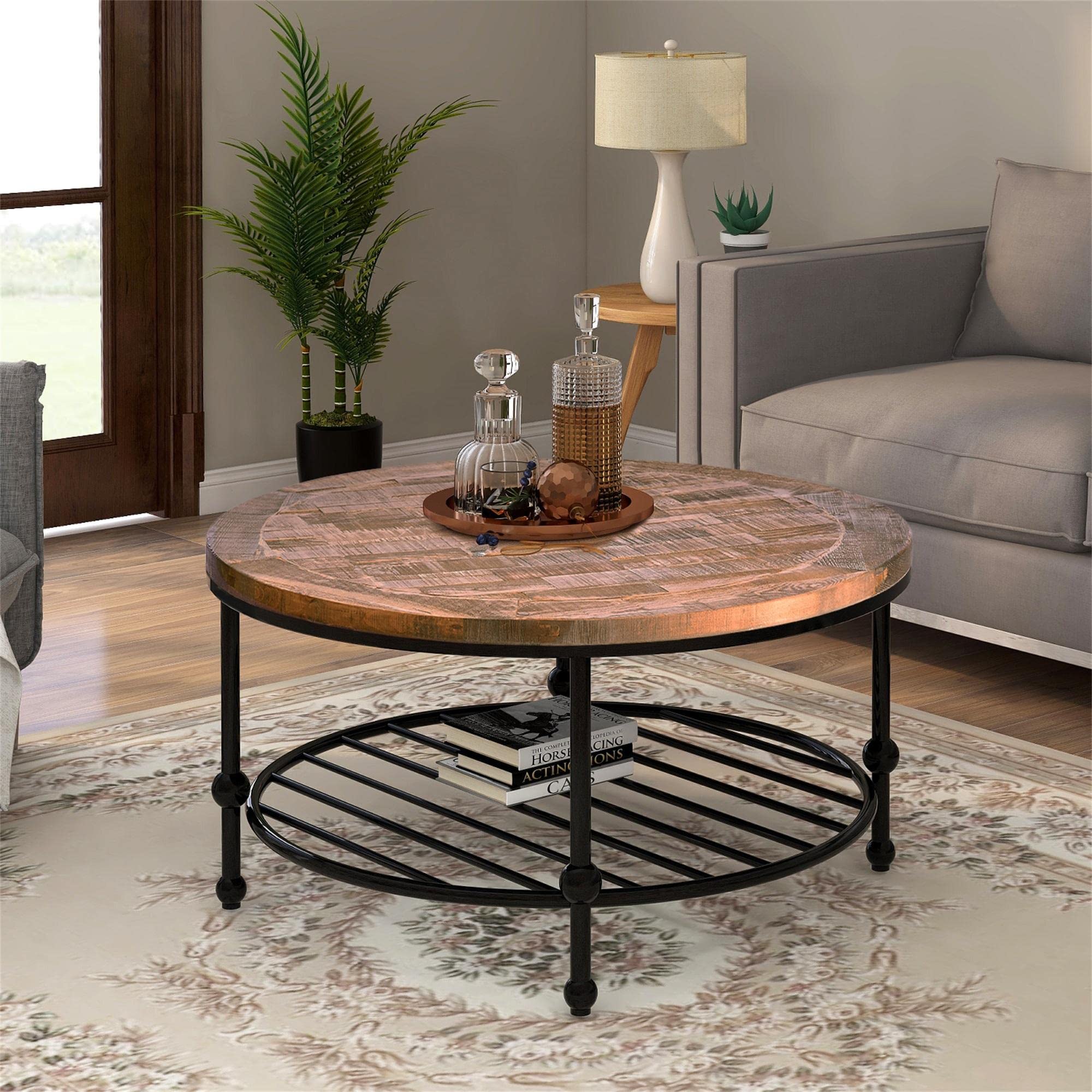 Rustic Natural Wood Round Coffee Table with Storage Shelf - Easy Assembly Brown Desk for Living Room, Bedroom & Office - Perfect for Home Decor, Storage & Workspace