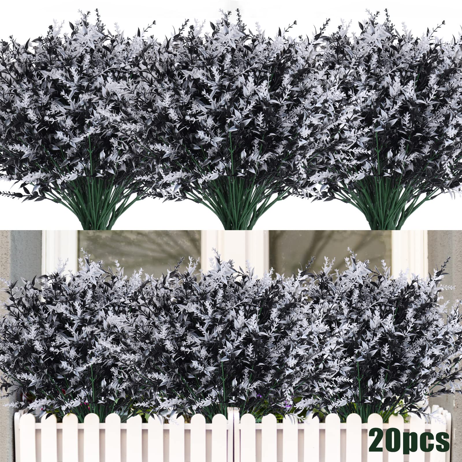 RECUTMS 20 Bundles Black & White Artificial Lavender Flowers - UV Resistant Faux Outdoor Plants for Indoor/Outside Decor - Perfect for Hanging Baskets, Wedding Centerpieces, and Home Garden Decorations