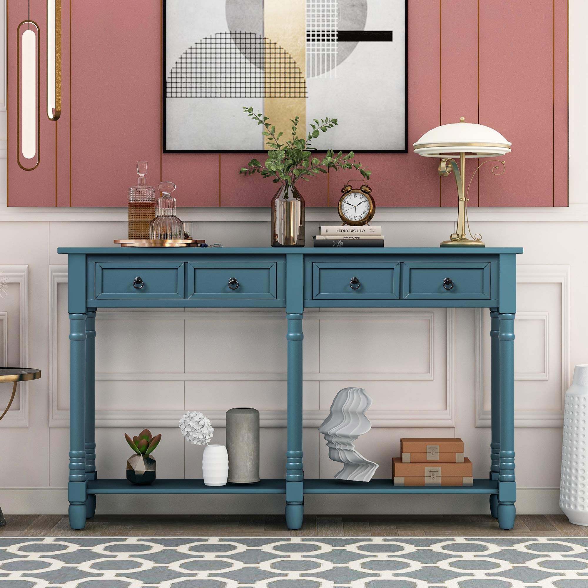 LZ LEISURE ZONE Wooden Console Table with Storage Drawers and Shelf - Antique Navy Sofa Table for Living Room, Entryway, Hallway | Perfect for Home Decor, Small Space Organization & Displaying Decor Items