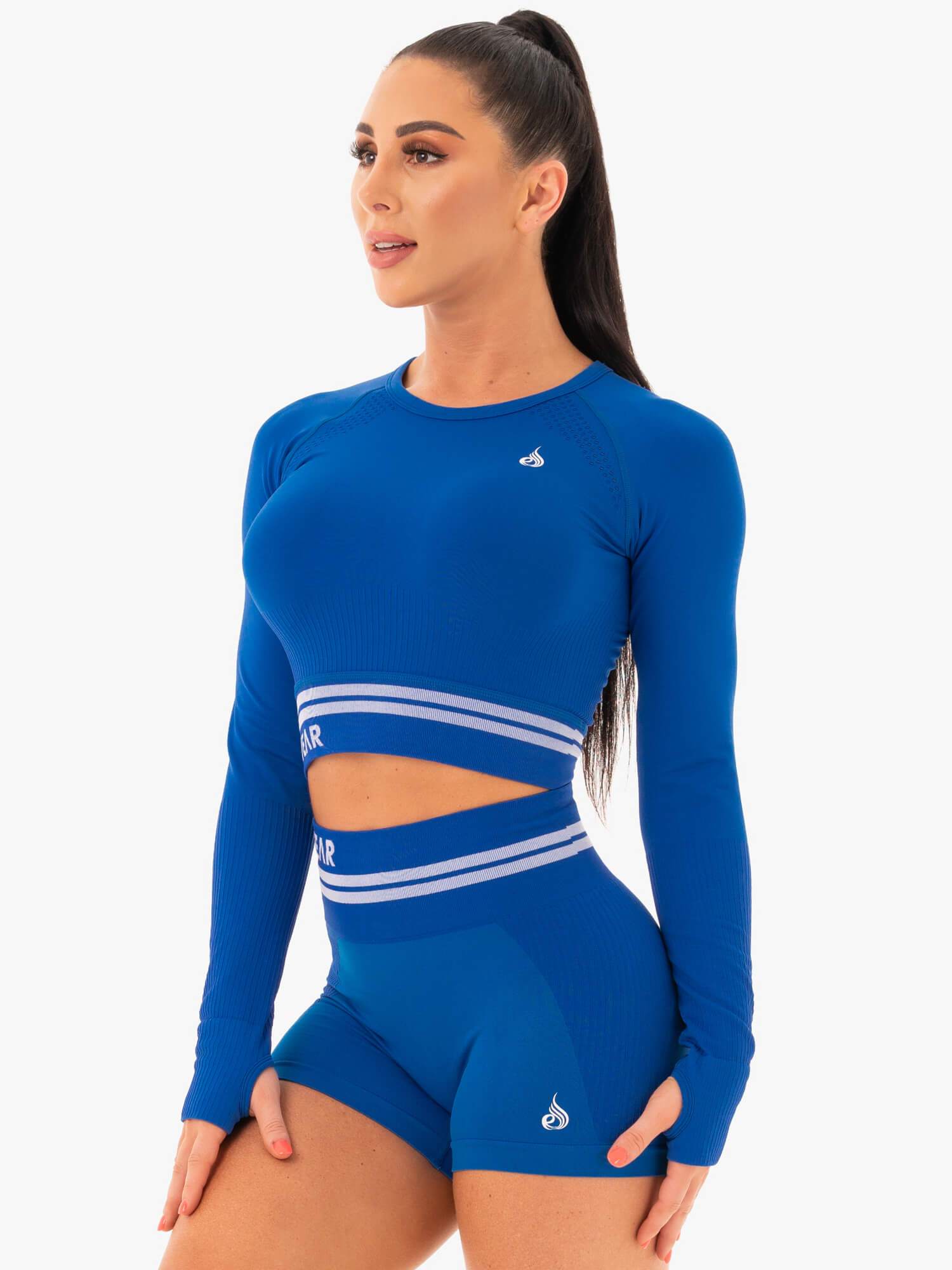 Freestyle Seamless Long Sleeve Crop Top - Blue | Women's Athletic Workout Shirt for Yoga, Running & Gym