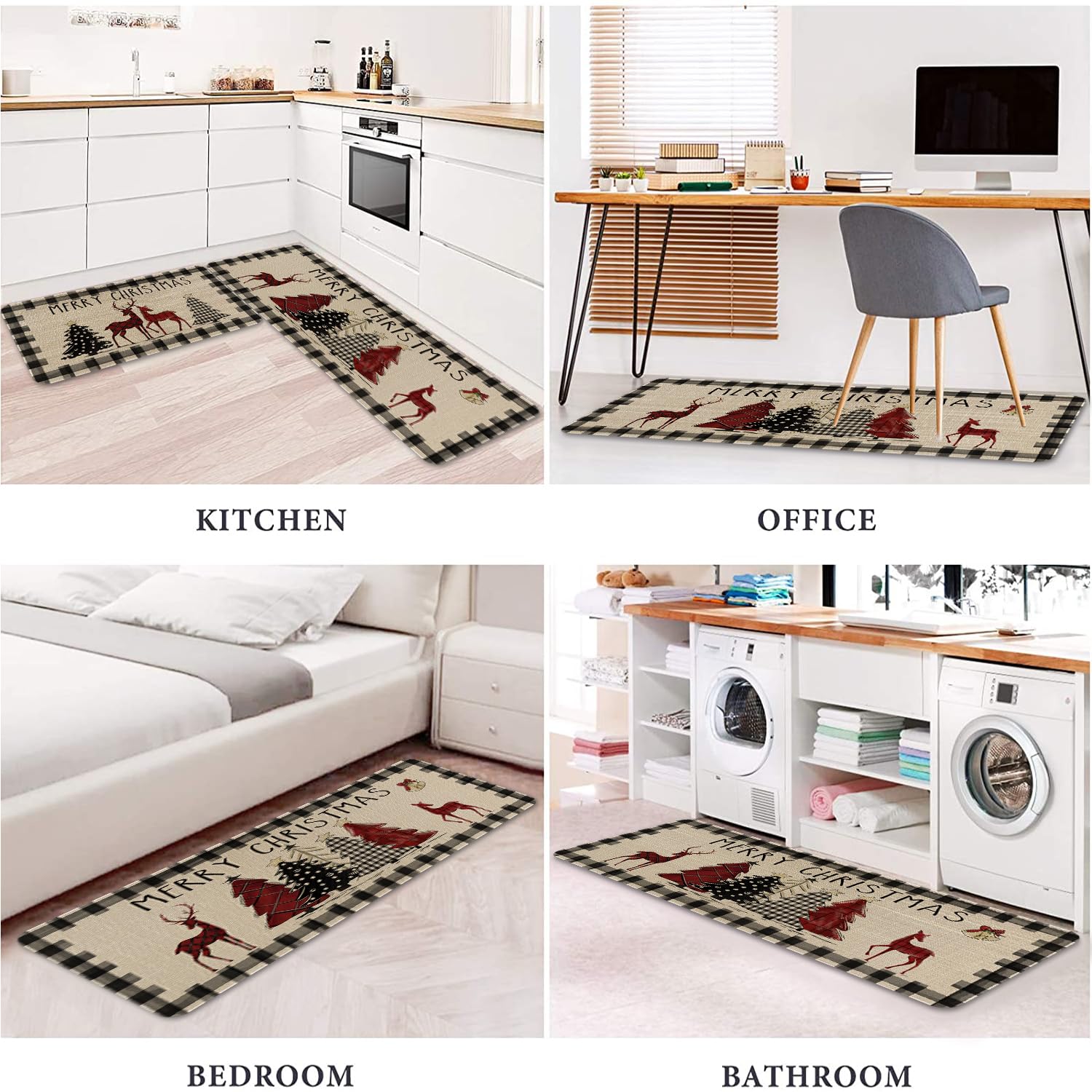 Faptoena Christmas Kitchen Rugs and Mats Set of 2, Non-Slip Waterproof Christmas Tree Floor Mat, Holiday Runner Rug for Sink, Laundry Room, Entryway, and Winter Home Decor