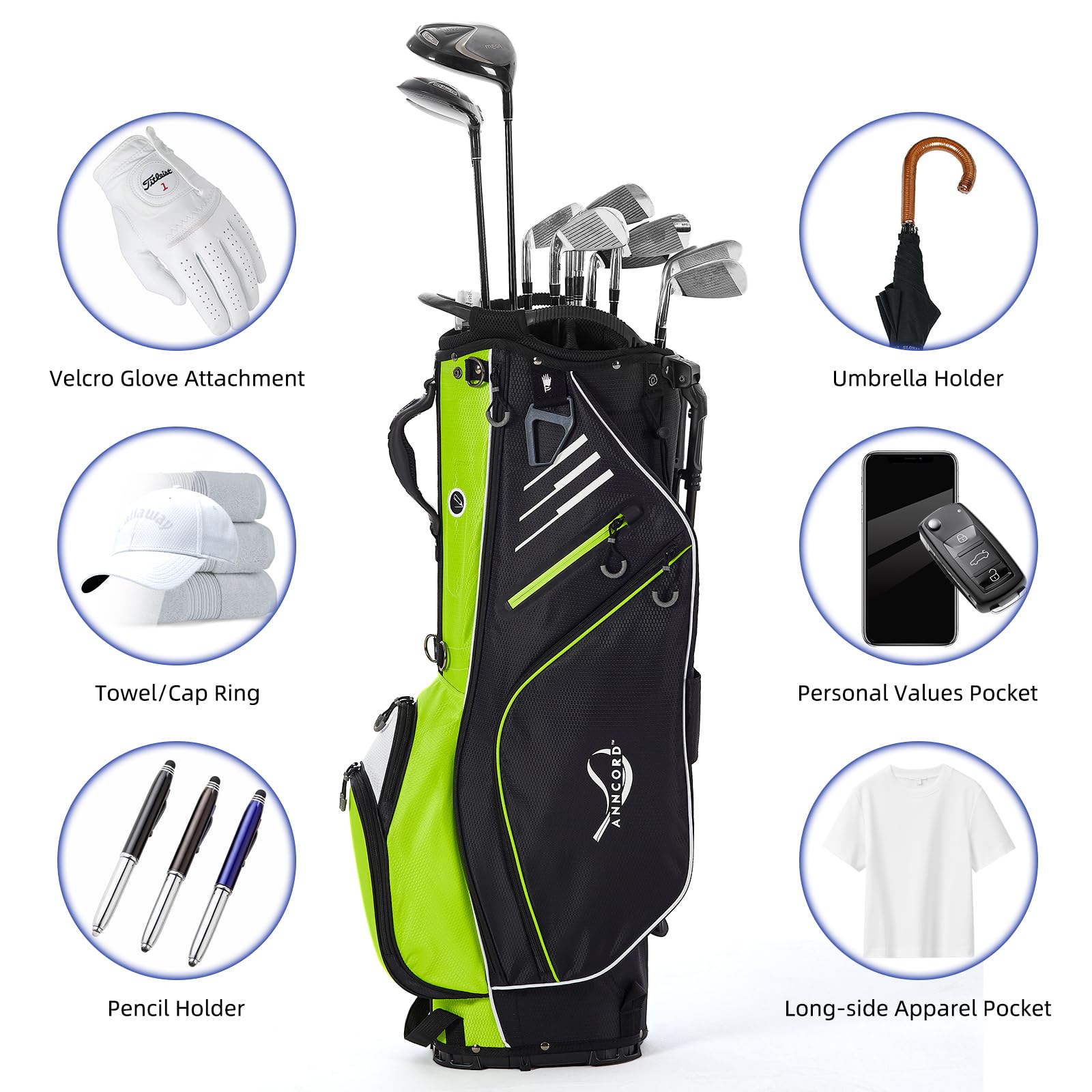 14-Way Top Divider Golf Stand Bag with Dual Strap - Waterproof Men's Golf Bag with 8 Pockets, Cooler Pouch & Rain Hood - Perfect for Course Play & Tournament Travel