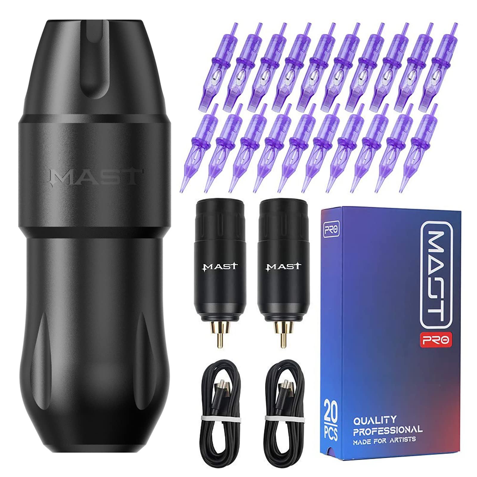 Professional Mast Tattoo Tour Pro Pen Machine Kit - Wireless Cordless Tattoo Gun with 2 Batteries & 20 Cartridges Needles - Perfect for Tattoo Artists & Scalp Microblading - Home Studio & Professional Use