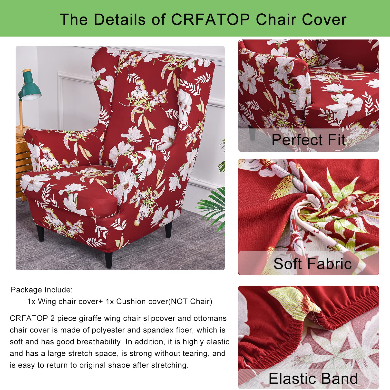 CRFATOP 2-Piece Stretch Wingback Chair Slipcovers - Printed Spandex Fabric Armchair Covers with Elastic Bottom for Living Room & Bedroom - Fits Most Wingback Chairs (34) - Perfect for Home Decor, Furniture Protection, and Style Upgrade