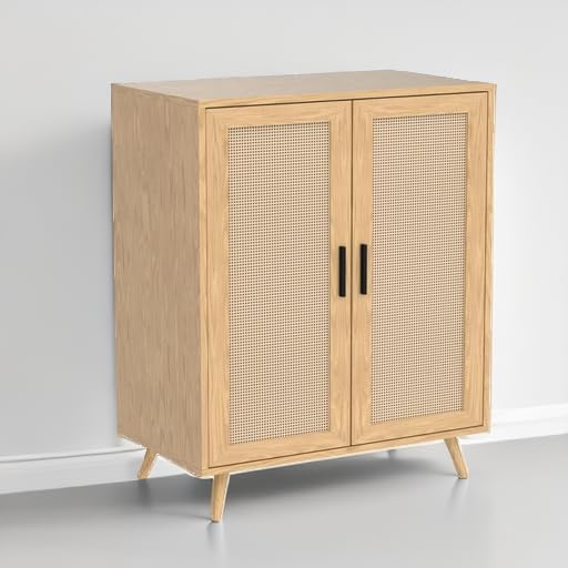 Xilingol Rattan Storage Cabinet - Buffet Sideboard with Woven Rattan Doors & Solid Pine Wood Feet - Entryway, Hallway, Living Room Accent Furniture - Perfect for Farmhouse, Coastal, or Boho Home Decor