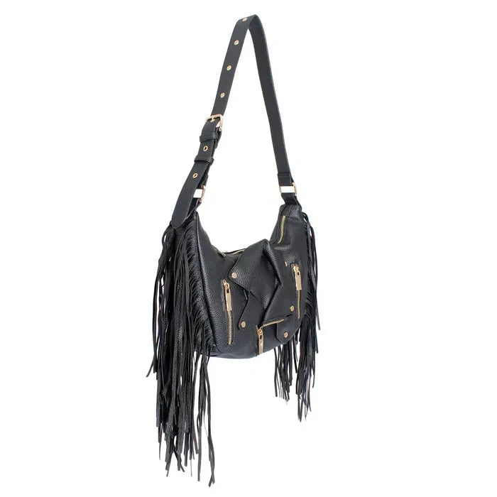 Black Fringe Shoulder Bag for Women - Stylish Motorcycle Crossbody Purse - Perfect for Biker Outfits, Concerts & Casual Wear