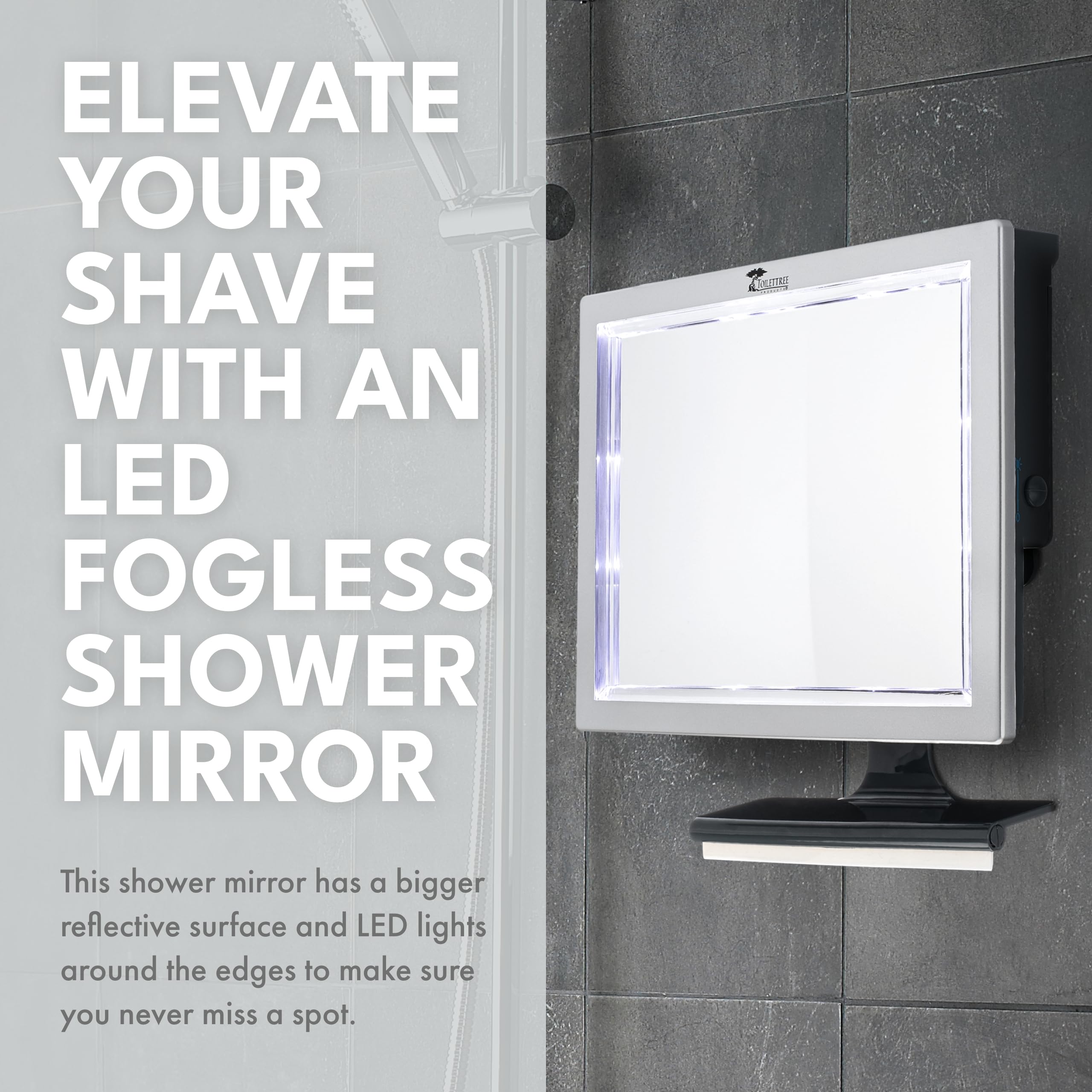 ToiletTree Deluxe LED Fogless Shower Mirror with Squeegee - Anti-Fog Adjustable Shaving Mirror for Men & Women - Rustproof, Shatterproof Bathroom Mirror for Shaving, Skincare & Makeup Application