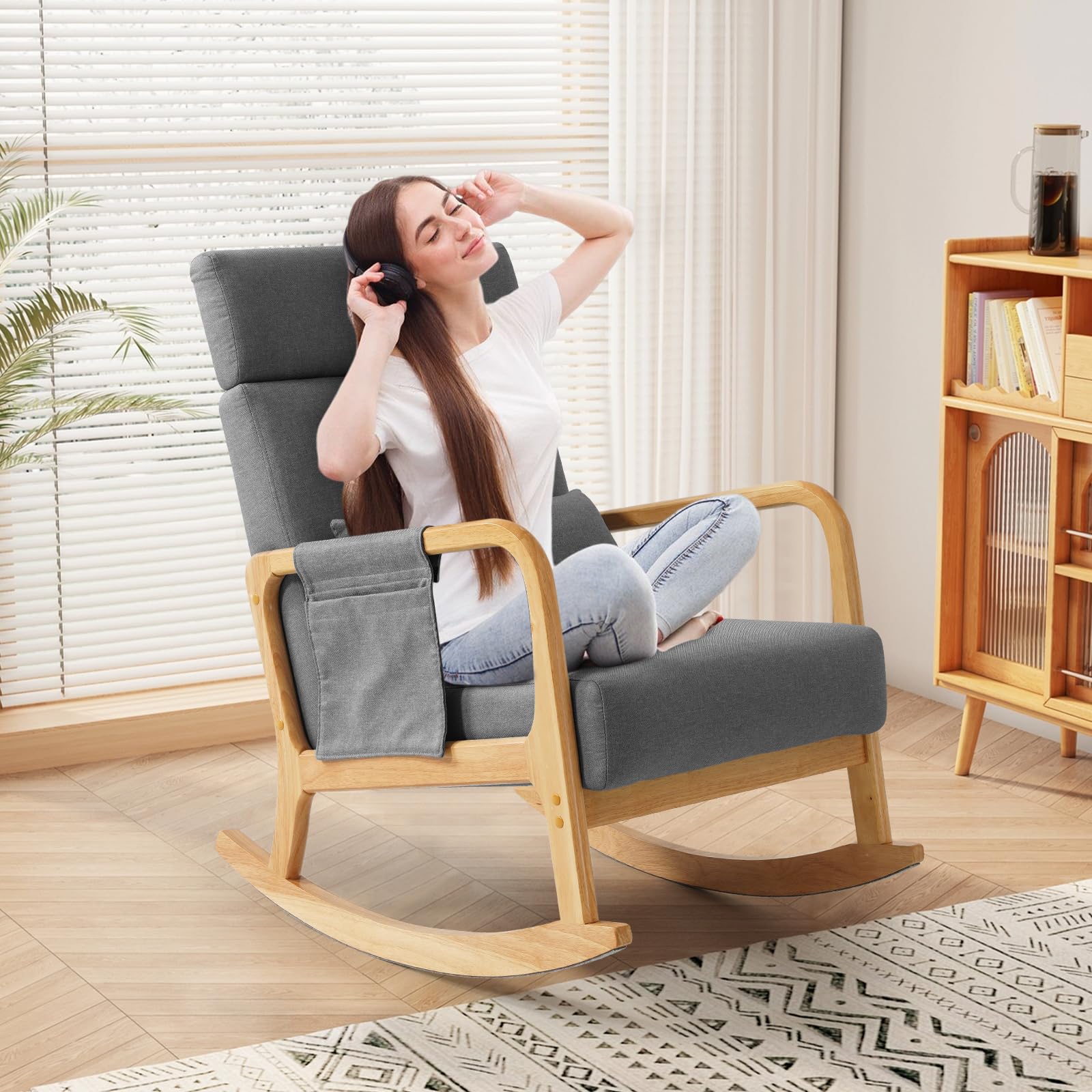 BEDHOURS Upholstered Nursery Glider Rocking Chair with High Backrest - Comfortable Armchair with Side Pocket & Pillow - Accent Chair for Living Room, Bedroom, Nursery (Light Gray) - Perfect for Breastfeeding, Reading & Relaxing