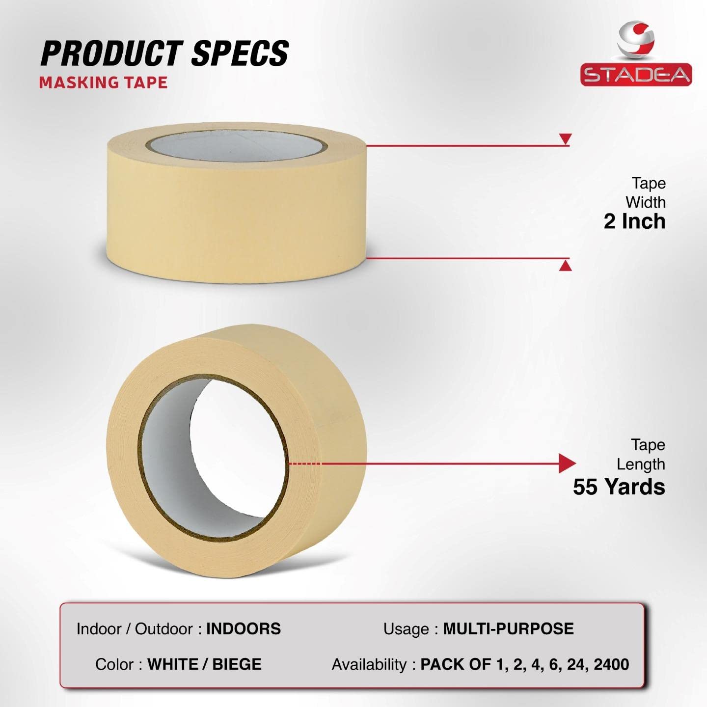 STADEA 2 Inch Wide White Masking Tape - High Performance Multi-Surface Adhesive for Painting, Labeling & Crafts - 55 Yards per Roll (Pack of 24) - Perfect for Home Improvement, Office & DIY Projects