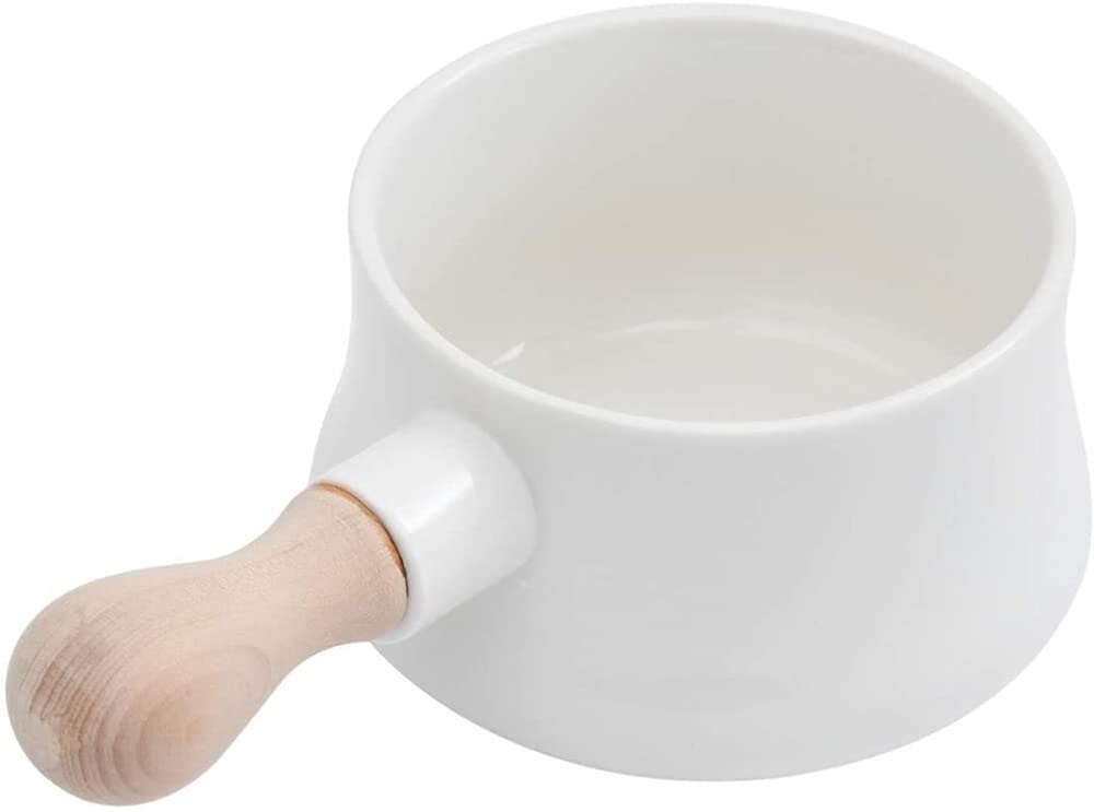 YEstge Ceramic Milk Pan with Wood Handle - 380ML Butter Warmer, Cooking & Serving Bowl for Noodles, Soup & Sauce - Perfect for Home Kitchen & Dining (White)