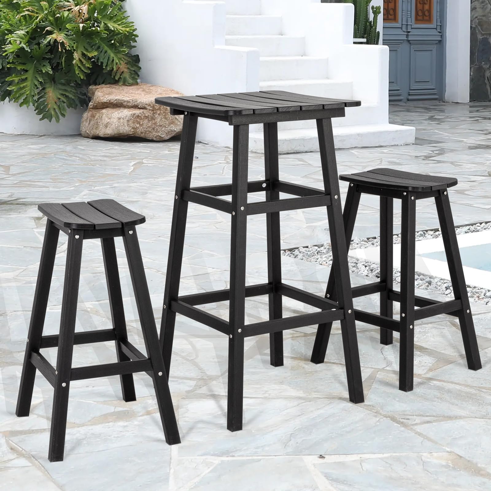 3-Piece Adirondack Outdoor Bar Table and Chairs Set - Round Bar Height Patio Furniture - Durable HDPE Bar Set for Balcony, Garden, Poolside (Black) - Perfect for Backyard BBQs, Outdoor Dining & Summer Entertaining
