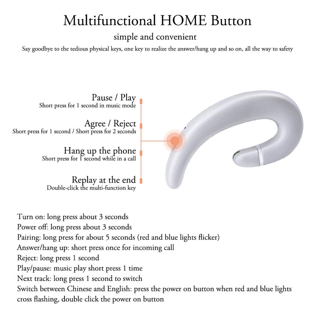 Wireless Bluetooth Headset with Ear Hook, Single Ear Headphone with Microphone & Noise Cancelling, Comfortable Pain-Free Design for iPhone 14/13/12/11/X/8 & Android Phones (Silver) - Perfect for Driving, Office Calls & Outdoor Activities